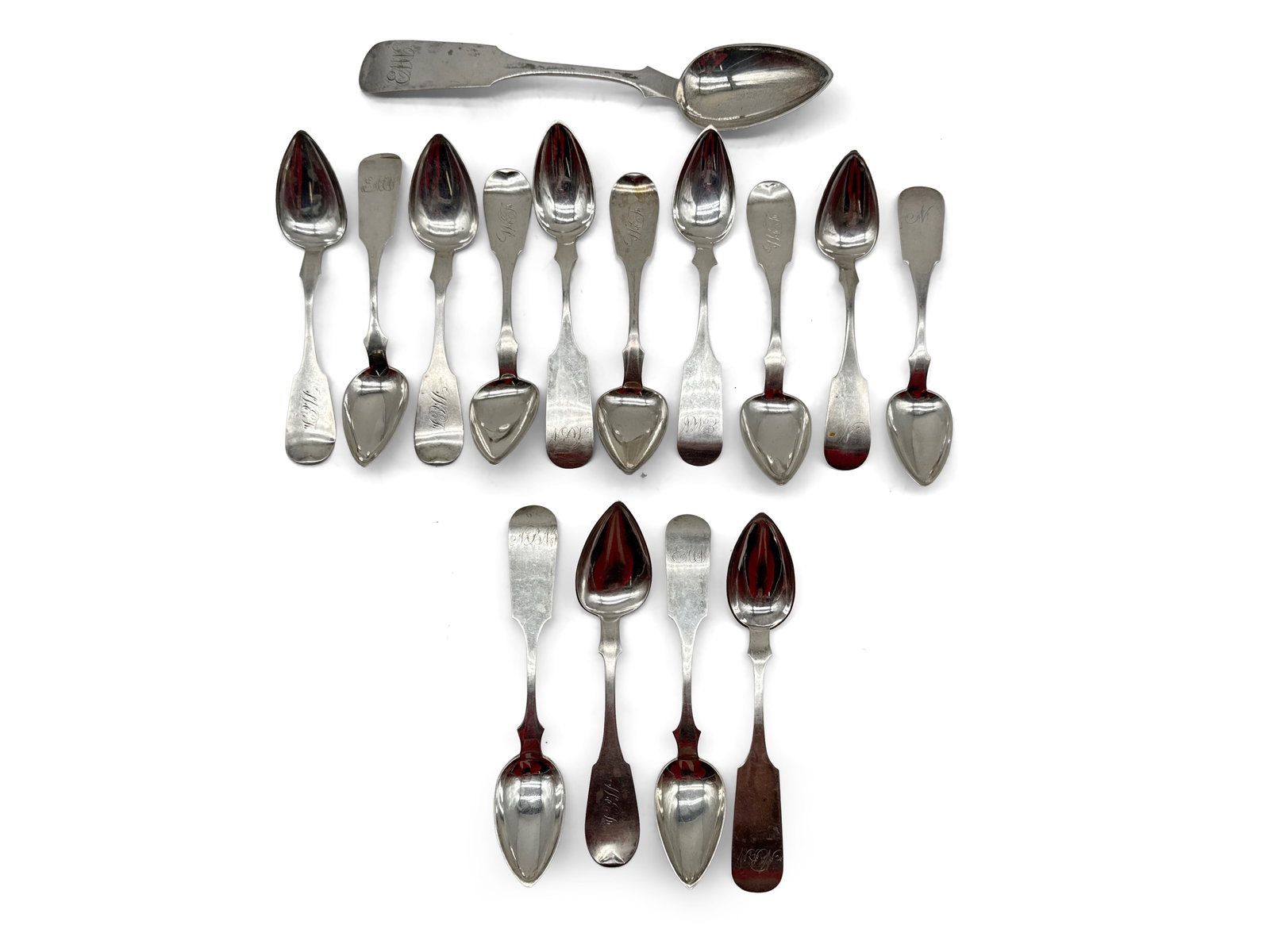 O'Reed and Robinson Coin Silver Spoons: A collection of Osman Reed (Philadelphia, 1831-1850) coin silver monogrammed tea spoons and J.F. Robinson (Wilmington/Brandywine, 1842-1867) monogrammed coin silver tea spoons and serving spoon. Combi
