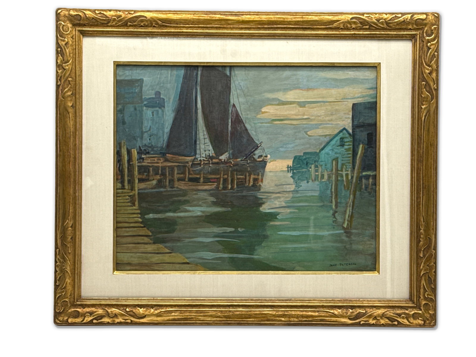 Jane Peterson Gouache/Board: Quiet Time: A Jane Peterson (American, 1876-1965) gouache on board depicting a harbor scene, likely of Gloucester Harbor, titled "Quiet Time". Signed lower right and framed under glass. Board: 16in x 20in. Outsid