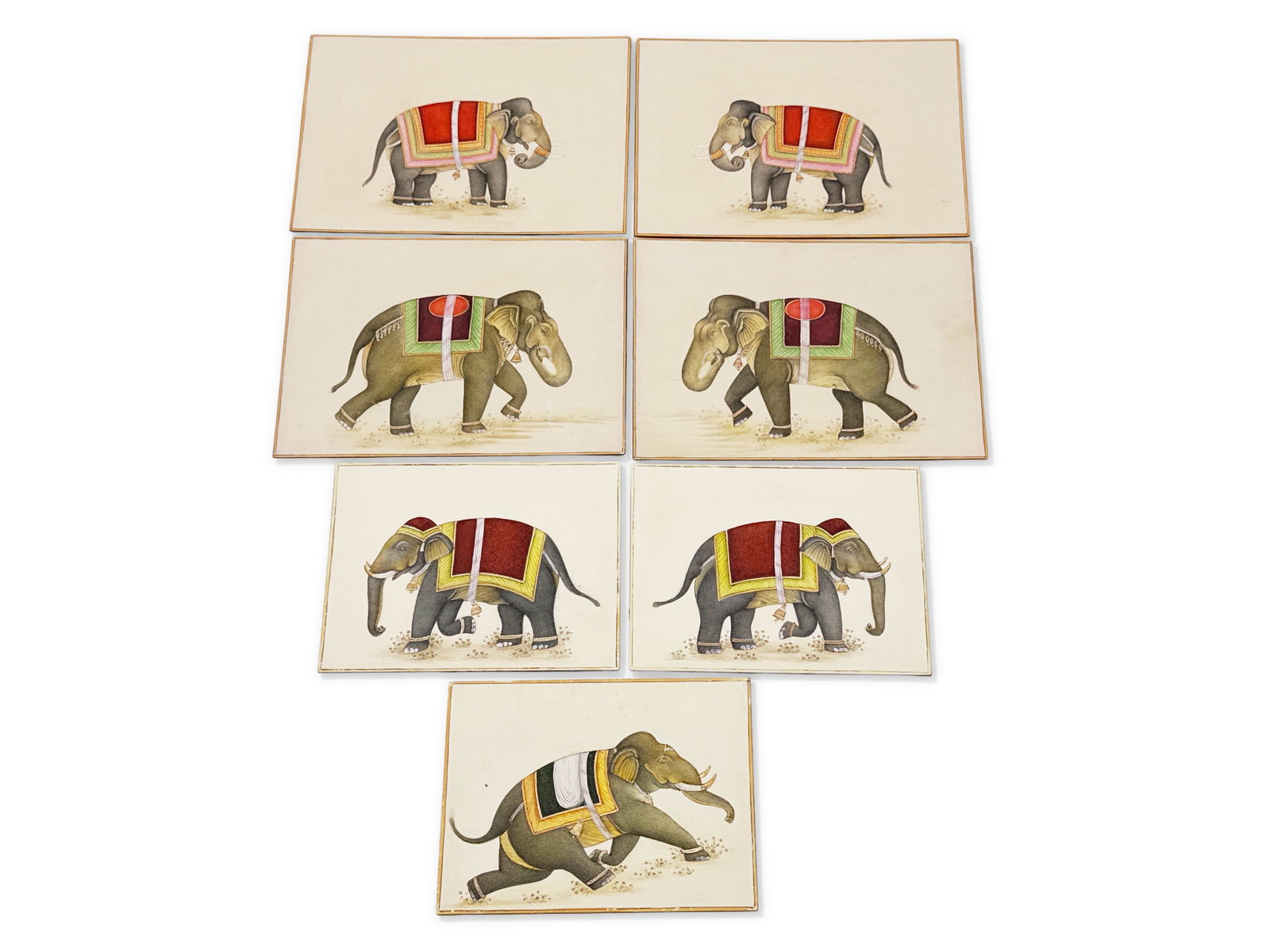 Seven Indian Miniature Mahal Elephant Paintings: A collection of seven miniature Indian Mahal gouaches on board depicting elephants. 4in tall x 5in wide. | You have additional shipping options, and are not required to use Live Shipping. Additional t