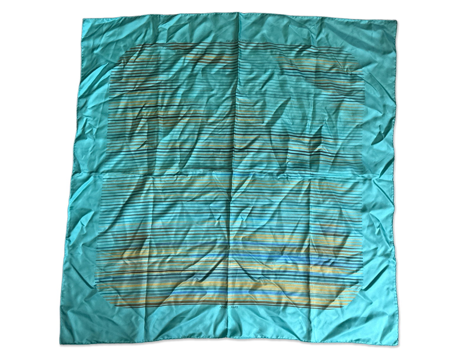 Hermès Paris Silk Scarf: Faubourg Express: An Hermès Paris silk scarf with Fauberg Express motif. Marked Hermès Paris. 34in tall x 34in wide. | You have additional shipping options, and are not required to use Live Shipping. Additional third