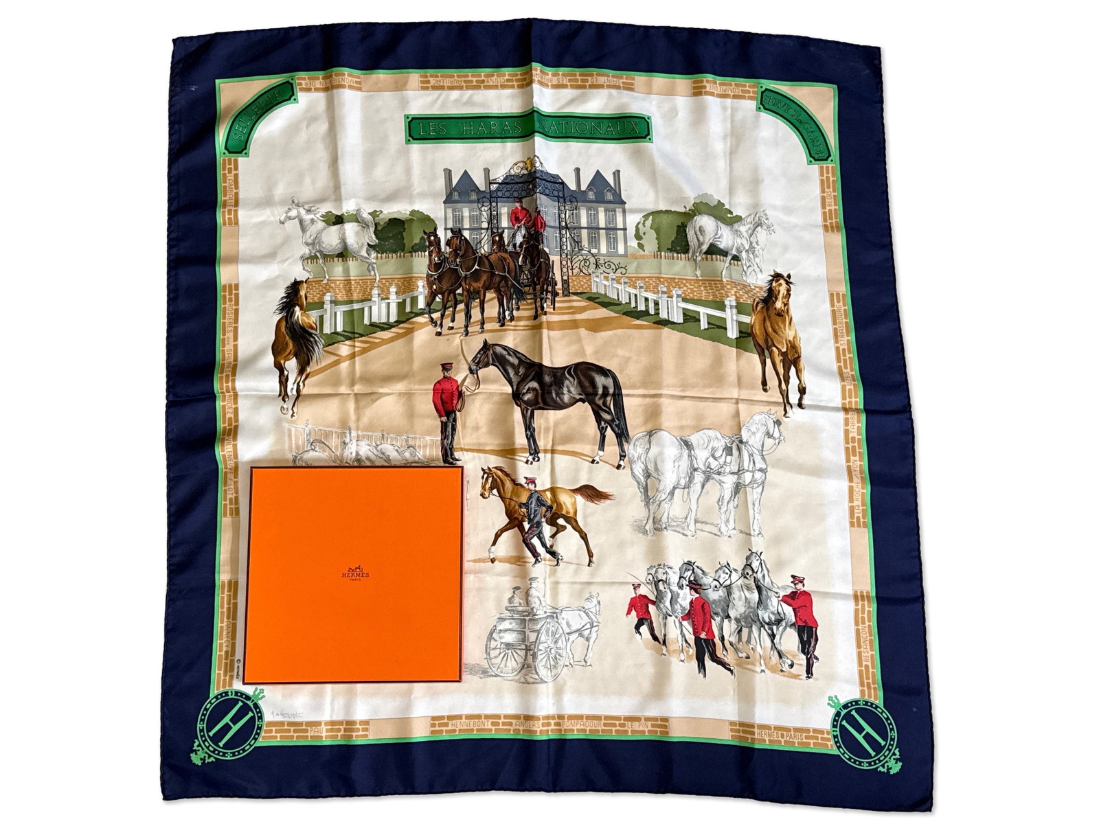 Hermès Paris Silk Scarf: Les Haras Nationaux: An Hermès Paris Les Haras Nationaux silk scarf with horse motif. Marked Hermès. Includes original Hermès box. 35-1/2in tall x 34in wide. | You have additional shipping options, and are not required