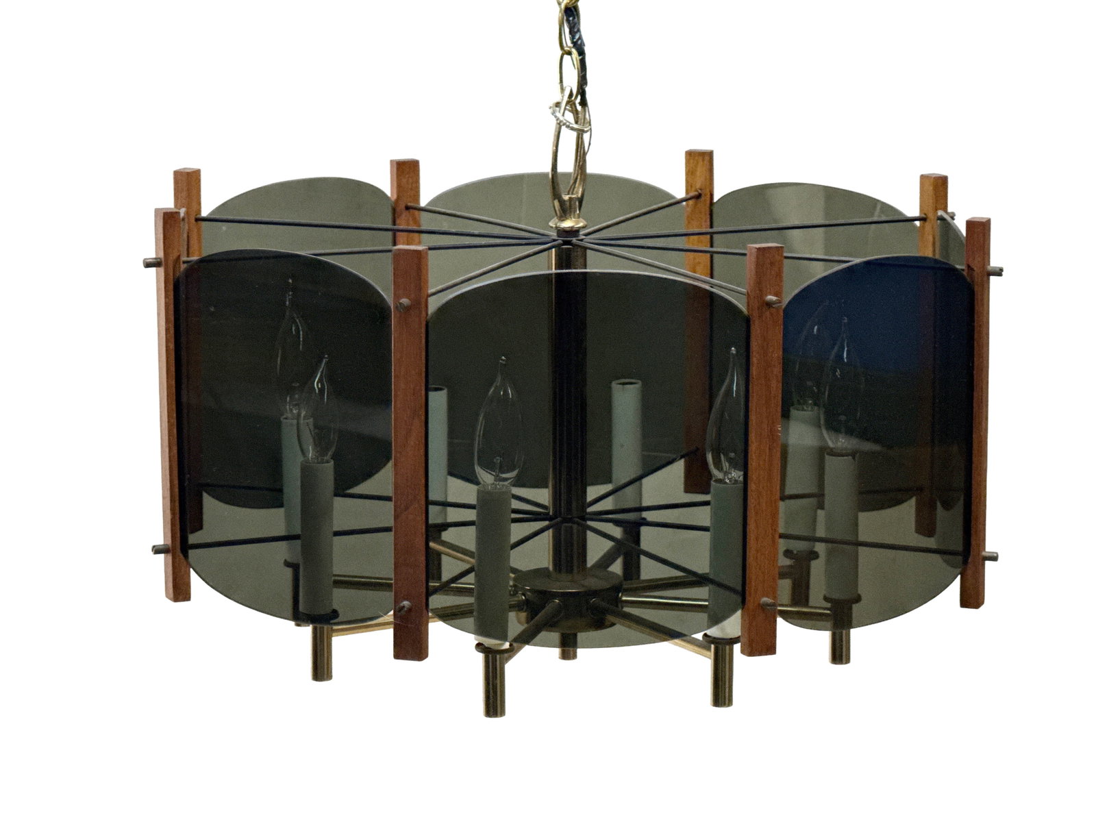 Midcentury Modern Walnut and Smoked Lucite Chandelier: A midcentury modern walnut and smoked lucite panel hanging chandelier with brass arms. Chandelier: 12in tall x 22in wide. From ceiling cap: approx. 50in. | You have additional shipping options, and ar