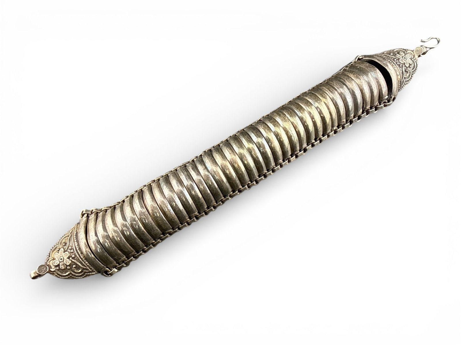 Burmese-style Sterling Silver Bracelet: A Burmese-style sterling silver link cuff bracelet. Marked 925 on clasp. 8in long. 37.48 dwt. | You have additional shipping options, and are not required to use Live Shipping. Additional third-party
