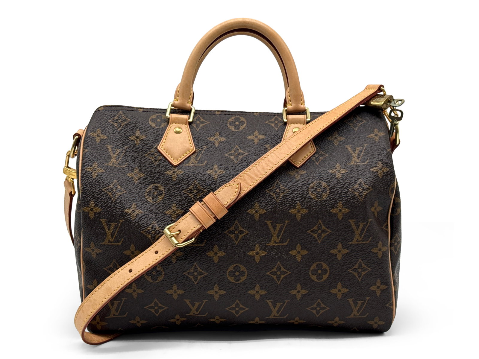 Louis Vuitton Monogram Speedy 30 Bandouliere: A Louis Vuitton monogram Speedy 30 bandoulière handbag with monogram lock and key, dust cloth bag, and original receipt circa 2017. 10in tall x 12in wide. | You have additional shipping options, and