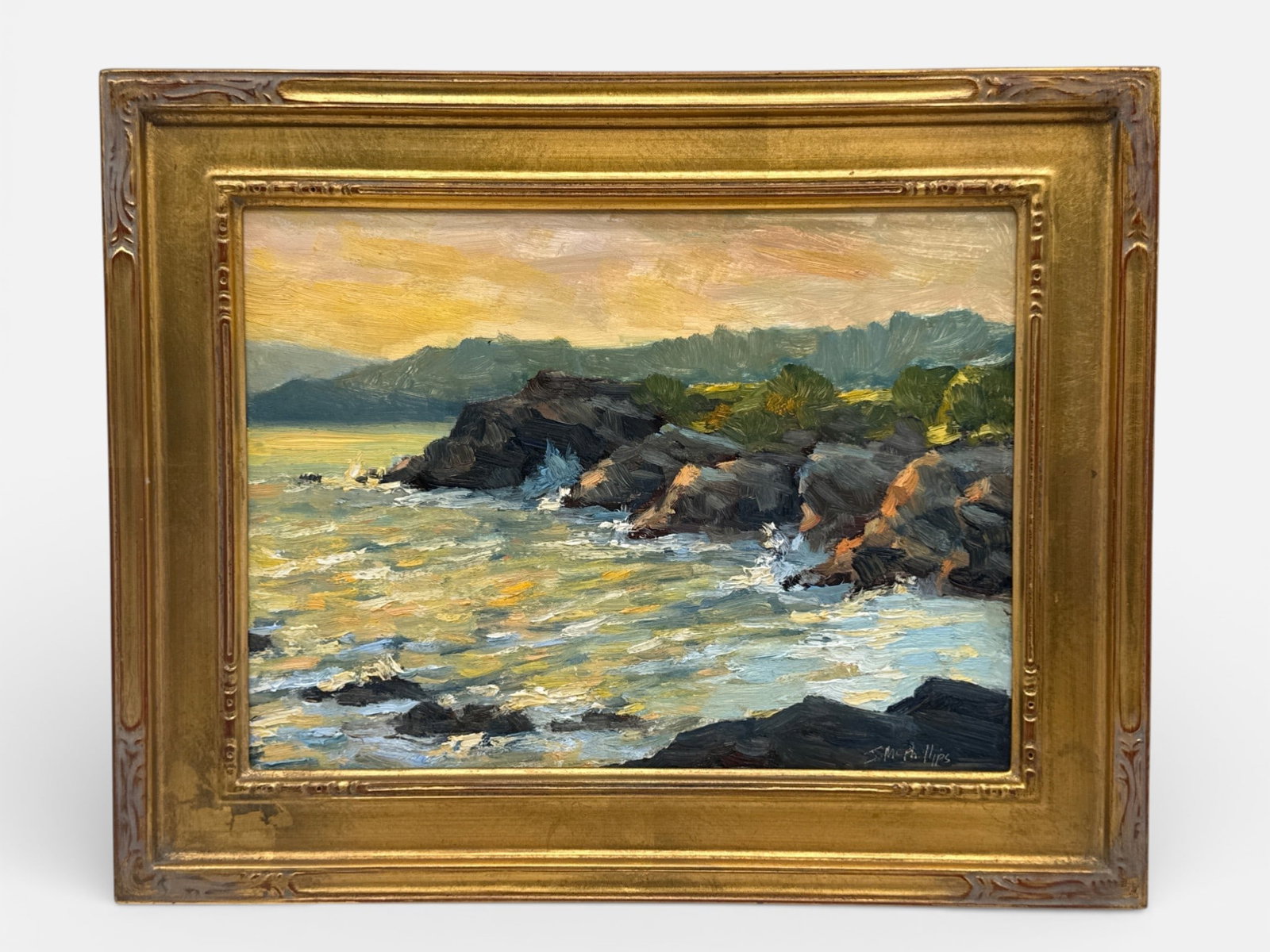 Jonathan McPhillips Oil/Board: East Passage Cliffs: Jonathan McPhillips (Rhode Island, Contemporary). A gilt wood-framed oil on board of the East Passage Cliffs in Newport, Rhode Island. Signed lower right. Frame: 12-1/2in x 15in. | You have