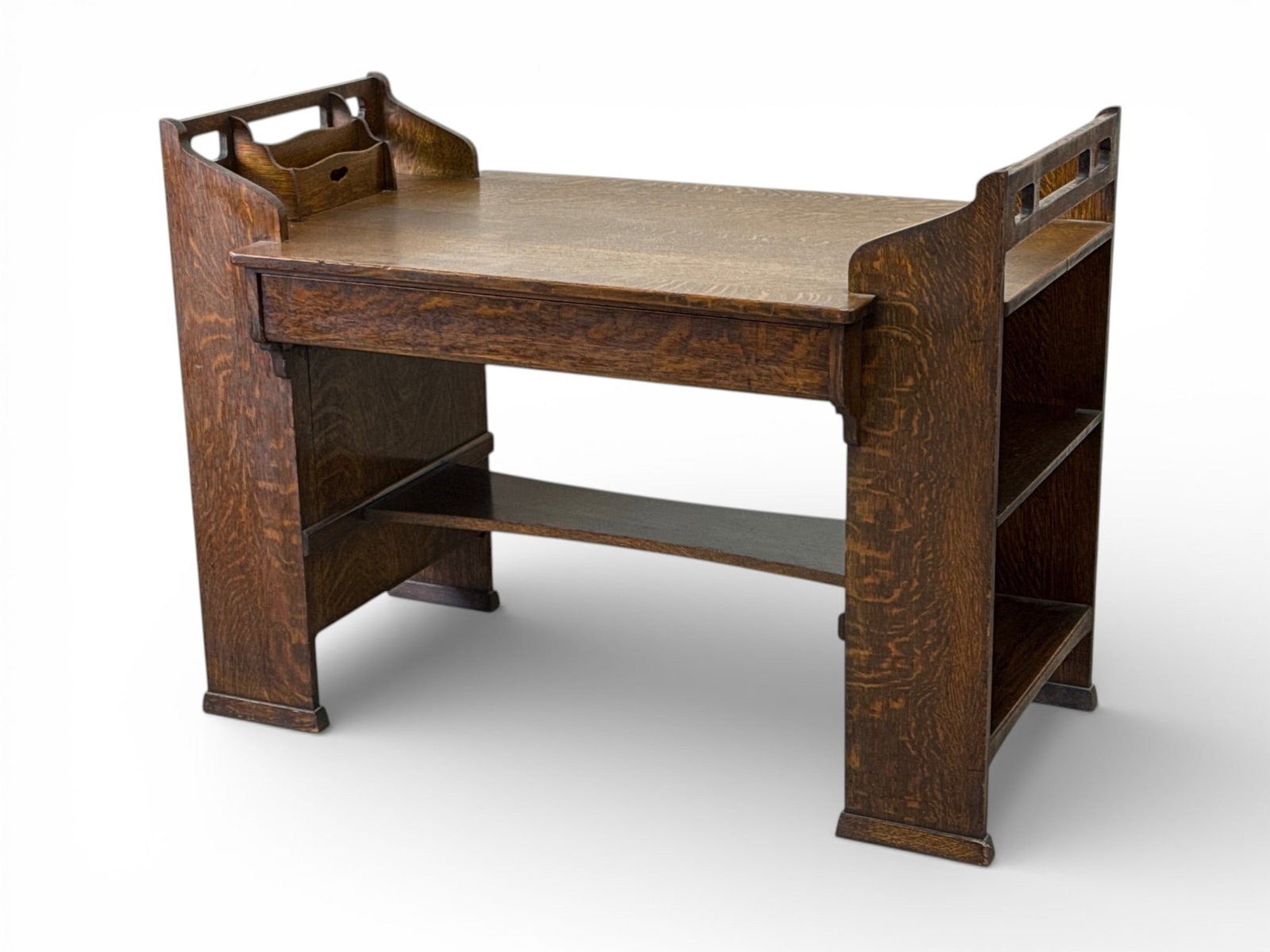 Arts & Crafts Oak Desk: An Arts & Crafts oak desk with a letter holder gallery, bookcase sides, and single drawer. 34in tall x 46in wide x 27in deep. | You have additional shipping options, and are not required to use Live