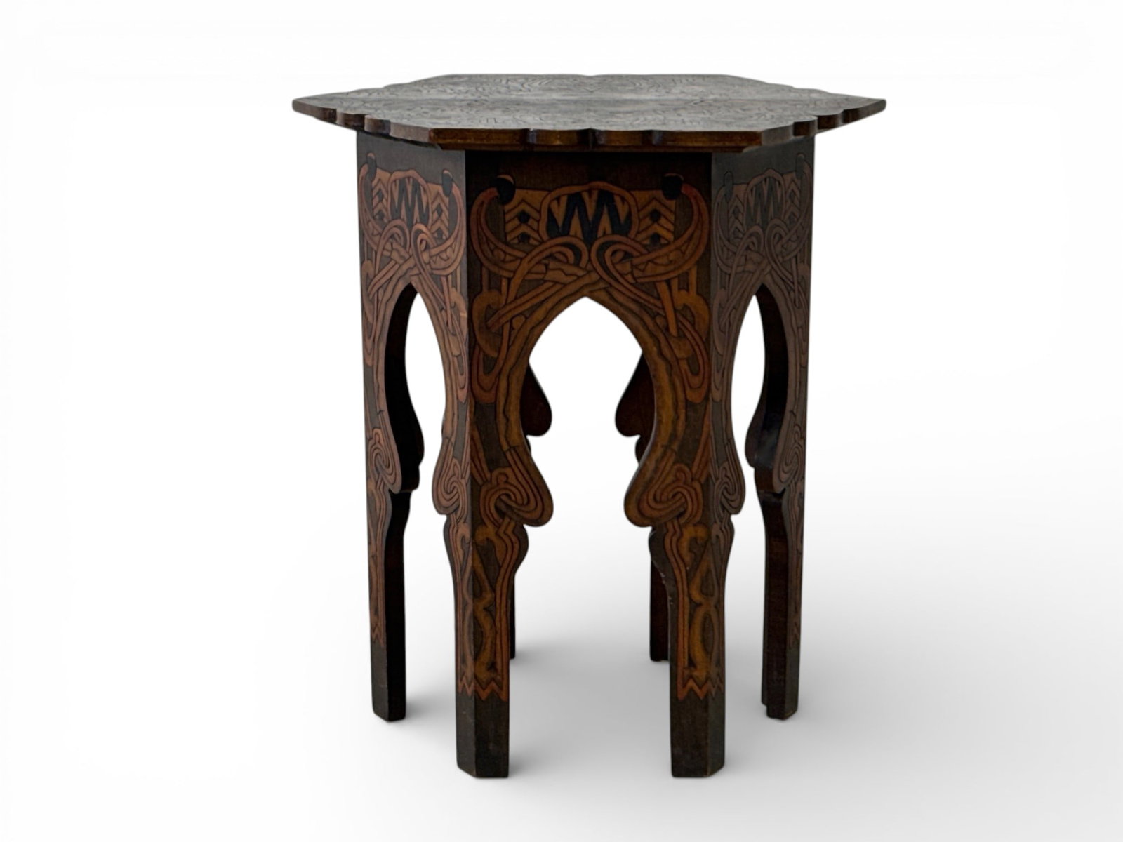 Middle Eastern Moorish-style Hexagonal Taboret: A Middle-Eastern Moorish-style burnt wood hexagonal taboret stand. 21in tall x 19-1/2in wide. | You have additional shipping options, and are not required to use Live Shipping. Additional third-party