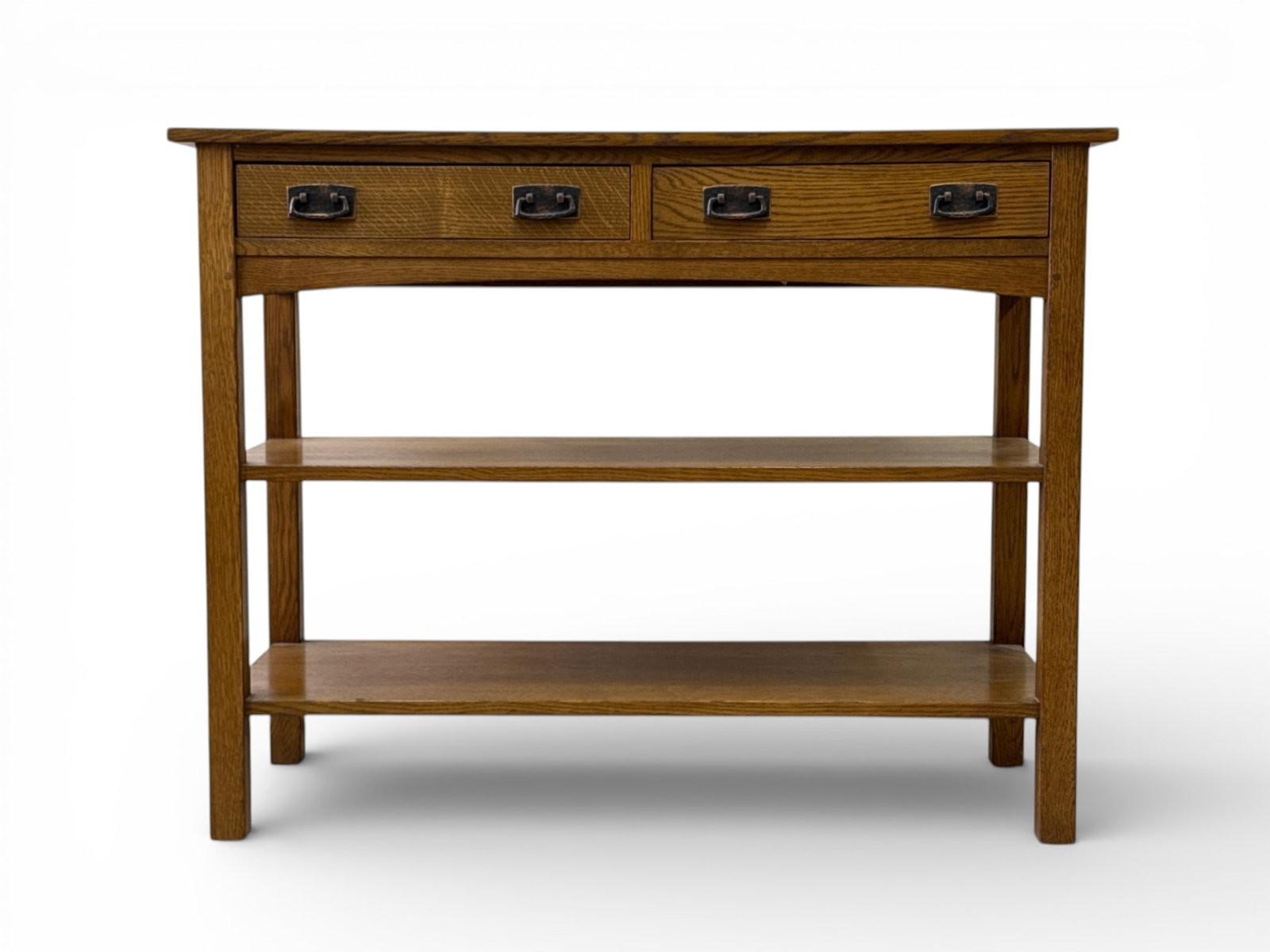 Stickley Arts & Crafts Oak Server: A contemporary Stickley Arts & Crafts-style oak console server with two drawers over two tiered shelves. 34-1/4in tall x 44in wide x 18in deep. | You have additional shipping options, and are not