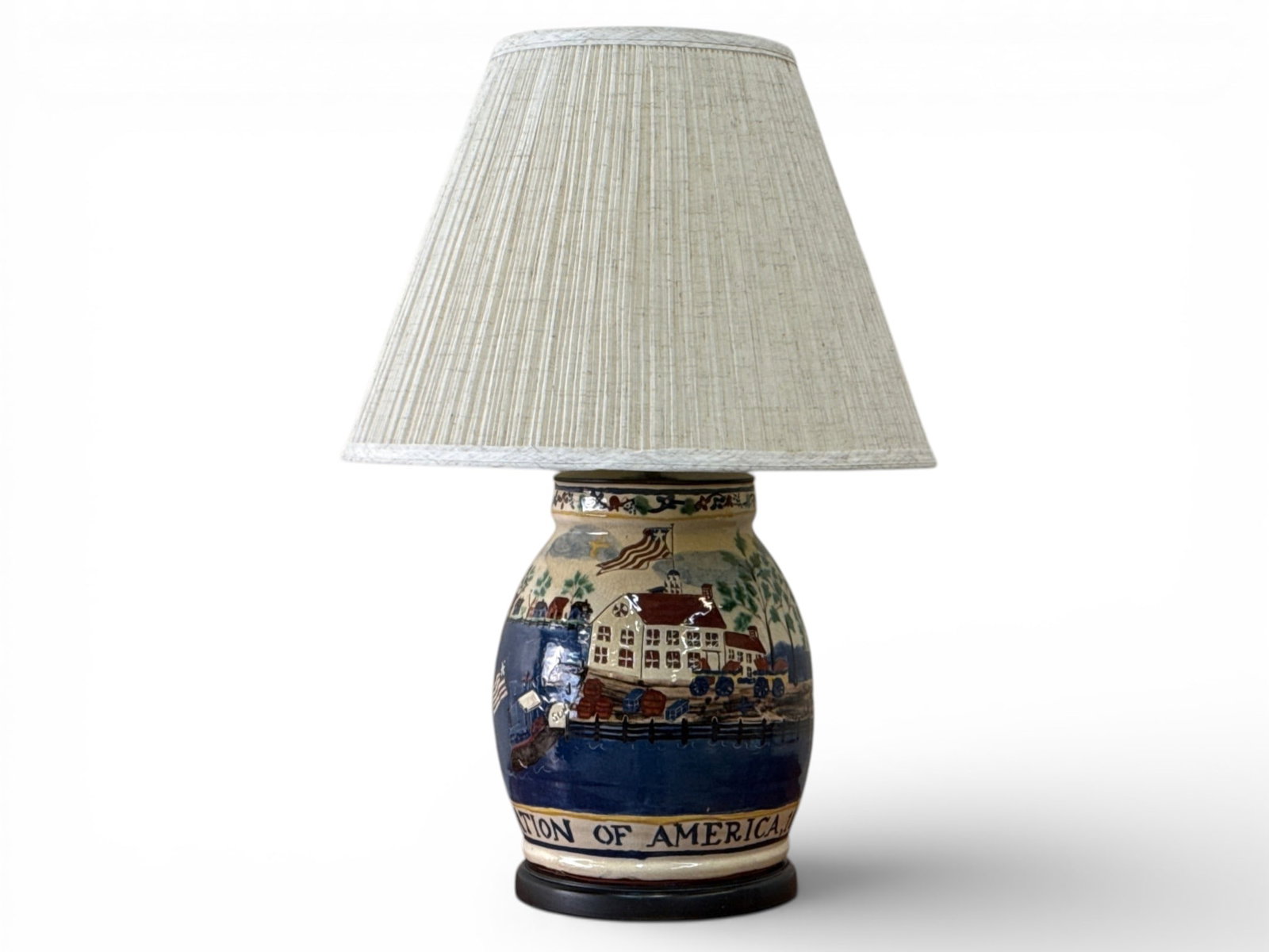 Turtlecreek Potters Redware Lamp: Situation of America: A Turtlecreek Potters redware table lamp with a glazed Colonial scene titled "Situation of America". 23-1/2in tall. | You have additional shipping options, and are not required to use Live Shipping.