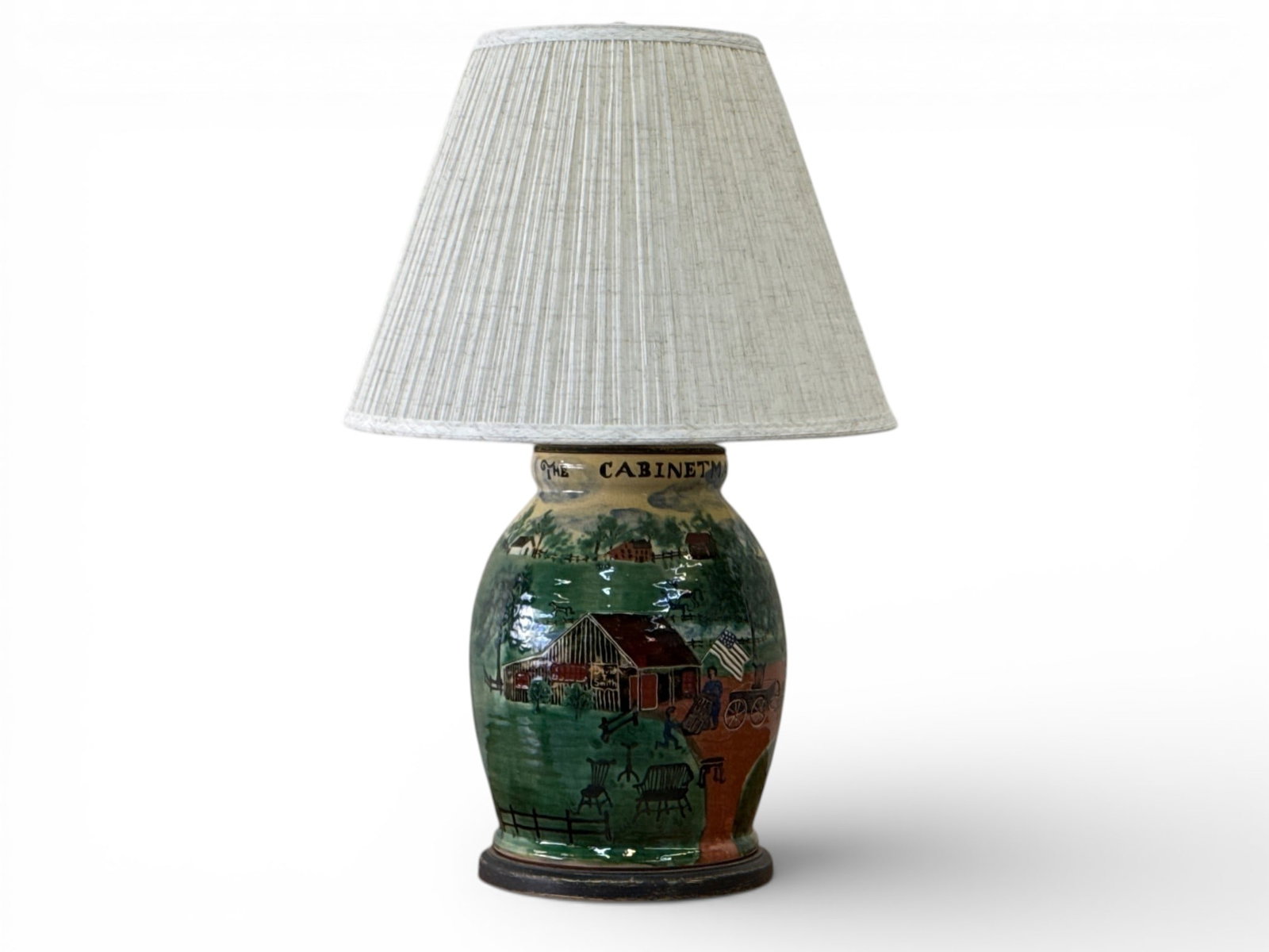 Turtlecreek Potters Redware Lamp: The Cabinetmaker: A Turtlecreek Potters redware table lamp with glazed Colonial design, titled "The Cabinetmaker". 25in tall. | You have additional shipping options, and are not required to use Live Shipping.