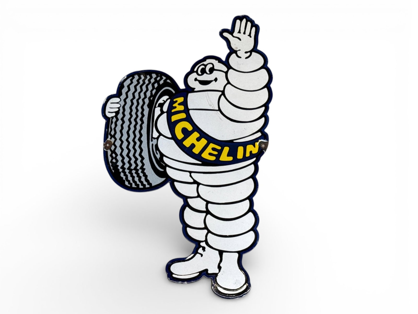 Michelin Tires Enameled Porcelain Advertising Sign: An enameled porcelain advertising sign for "Michelin Tires". 30in tall x 17in wide. | You have additional shipping options, and are not required to use Live Shipping. Additional third-party shipper