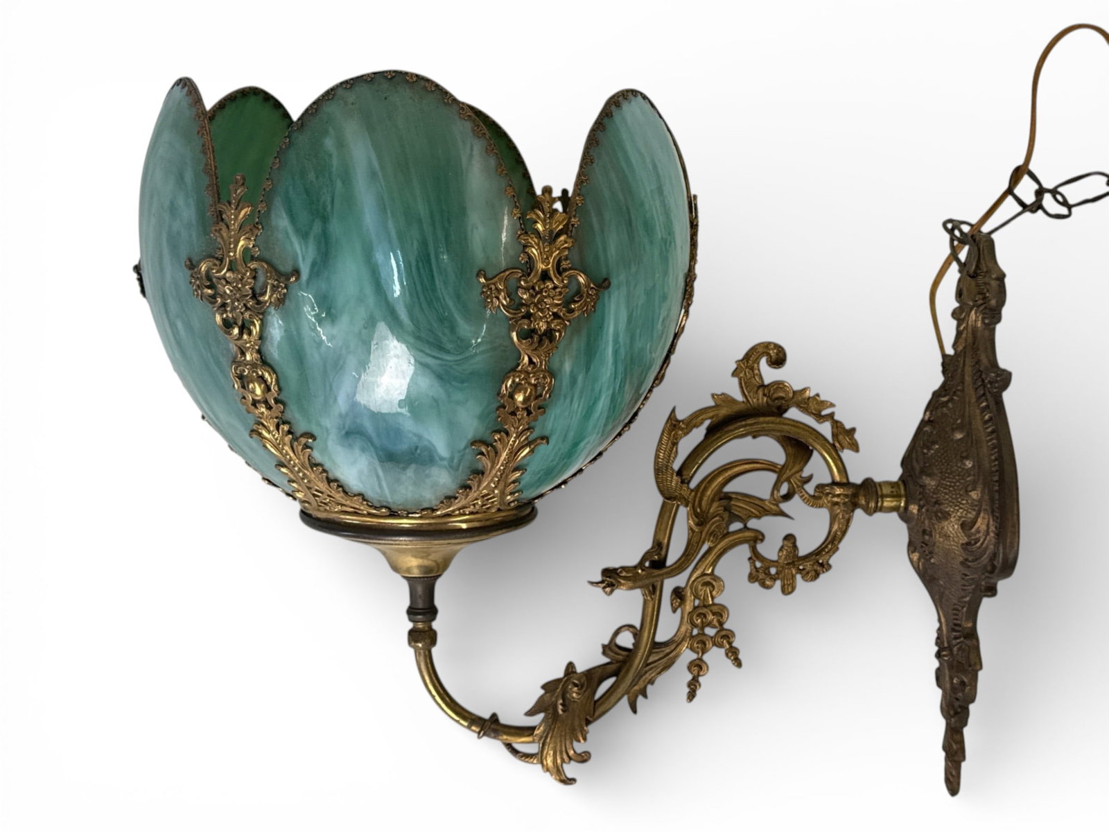 Art Nouveau Slag Glass Wall Sconce: An ornate Art Nouveau brass wall scone with dragon form appliqué and petal shaped slag glass shade. 12in tall x 9in wide. | You have additional shipping options, and are not required to use Live