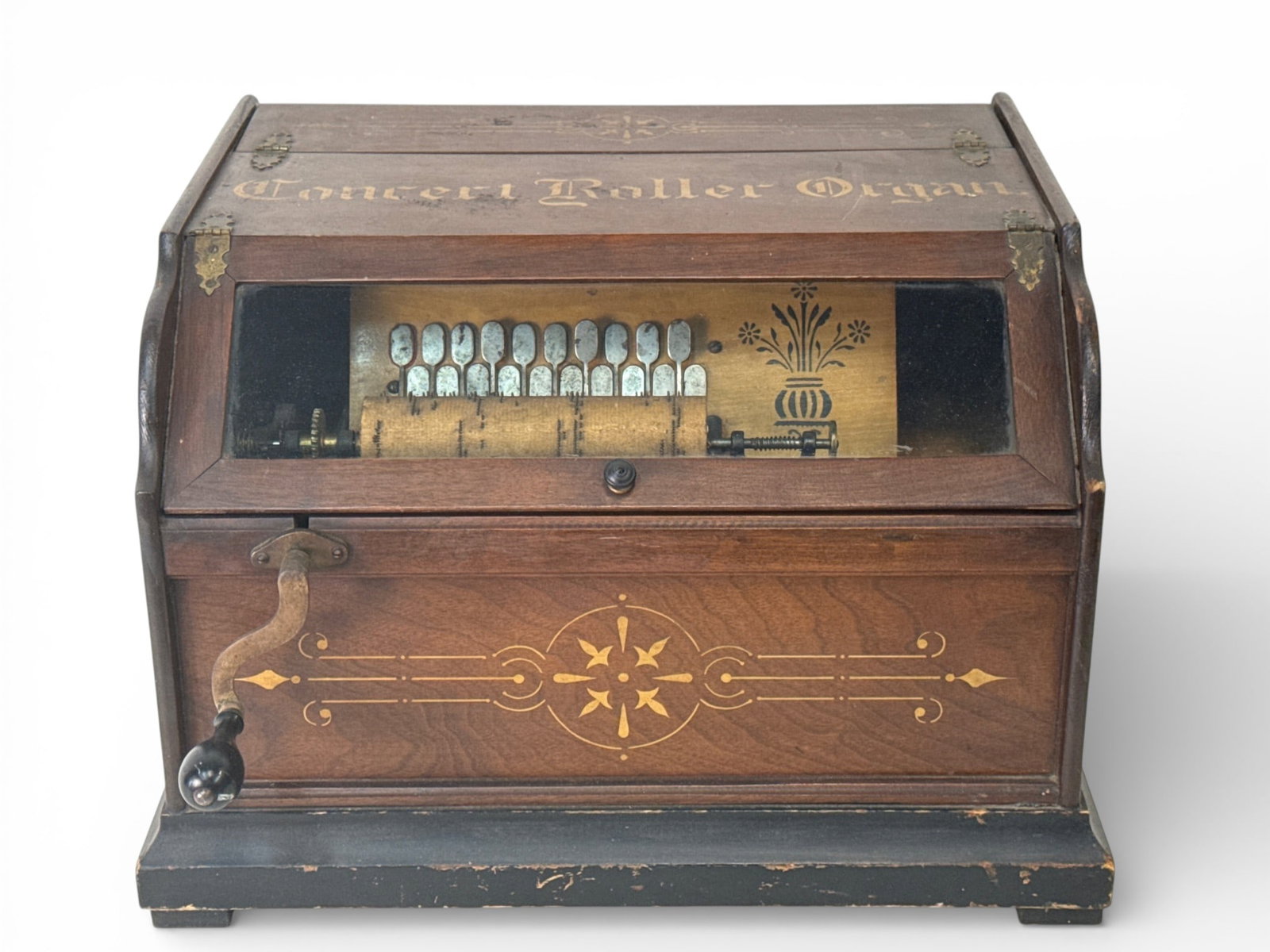 19th C. Concert Roller Organ and 14 Cobs: A 19th C. concert roller organ with walnut case and gilt decoration. Organ includes 14 assorted cobs. 12in tall x 17in wide. | You have additional shipping options, and are not required to use Live Sh