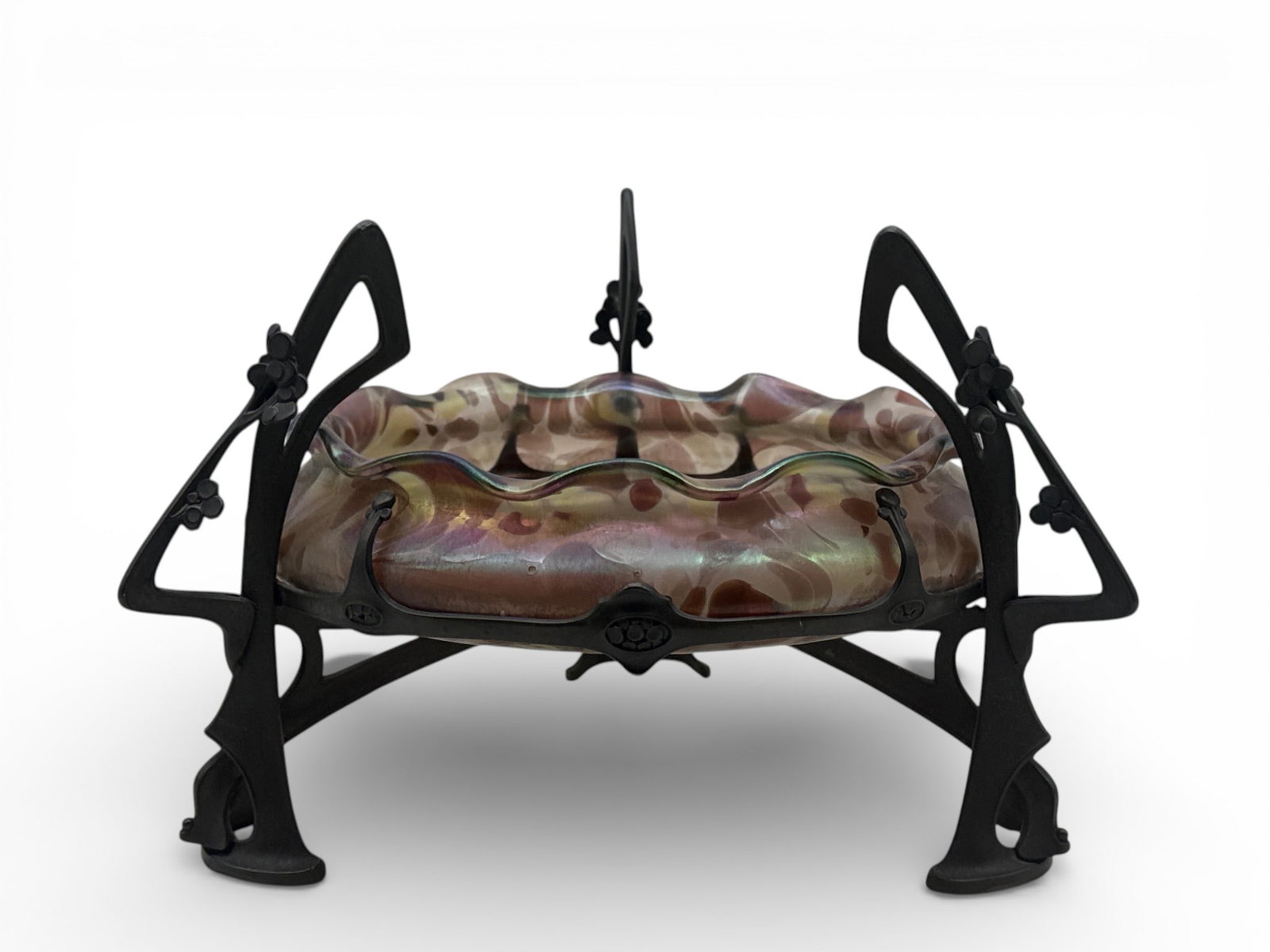 Art Nouveau Glass and Jugenstil Mounted Centerpiece Bowl: An Art Nouveau centerpiece with pink mottled art glass bowl with undulating edges, mounted on a Jugenstil stand. 8in tall x 9-1/2in wide. | You have additional shipping options, and are not required t