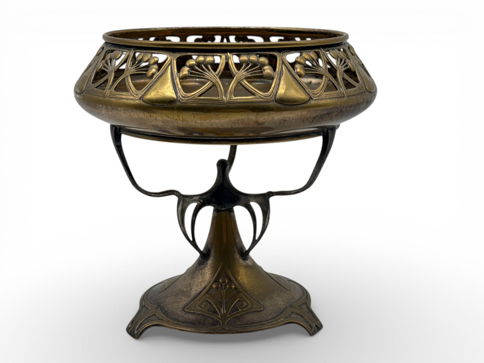Art Nouveau Pewter Centerpiece Bowl: An Art Nouveau brass and pewter centerpiece bowl with openwork botanical design. 9in tall x 9in wide. | You have additional shipping options, and are not required to use Live Shipping. Additional thir