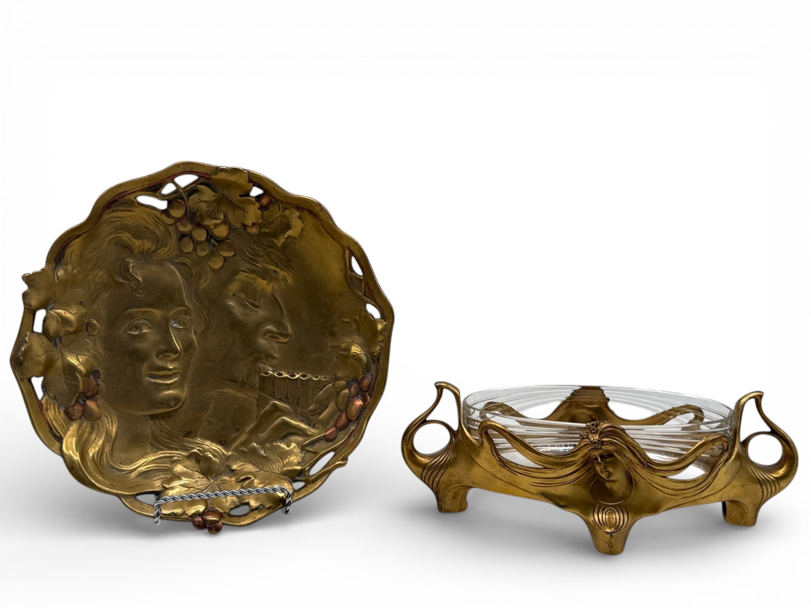 Gilt Brass Figural Vide Poche and Orivit Jugenstil Centerpiece: A gilt brass, high relief figural vide poche bowl and a Orivit Jugenstil figural centerpiece, marked Orivit 2583. 9-1/2in diameter. | You have additional shipping options, and are not required to use