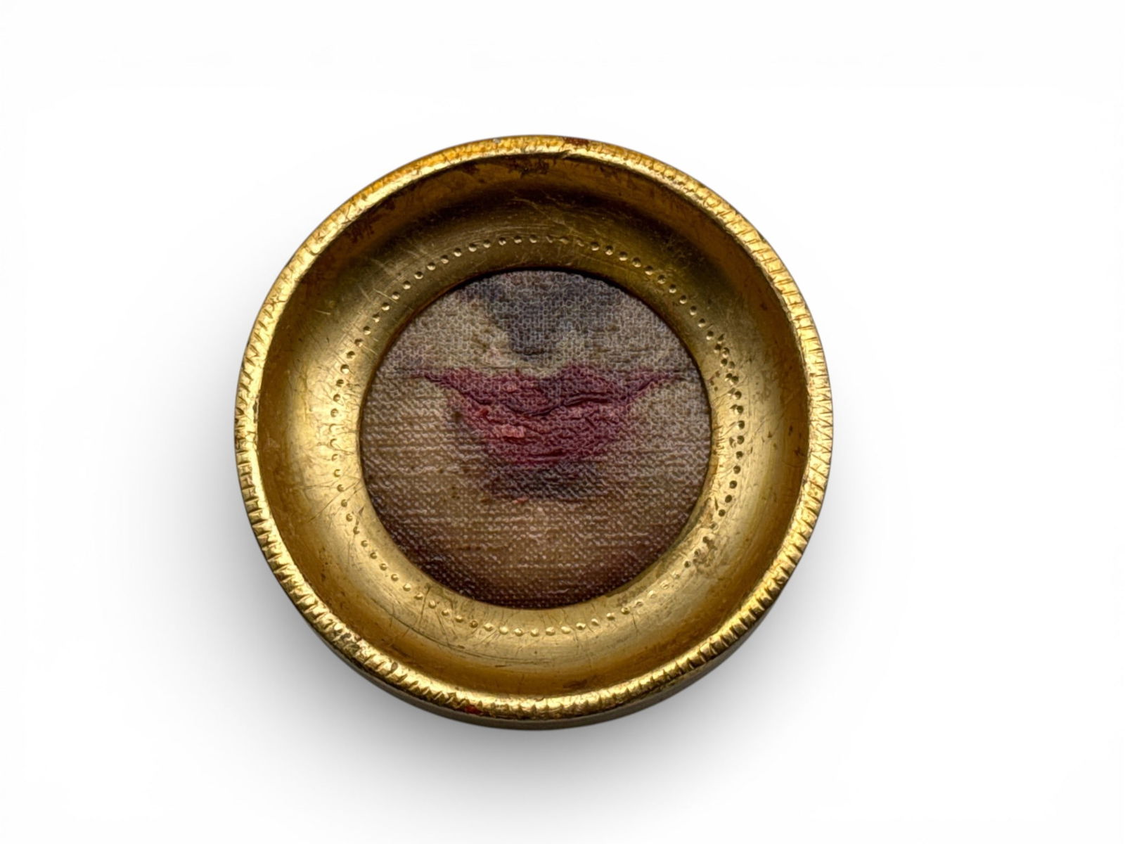 Gilt-Framed Oil/Canvas: Lover's Lips: A gilt wood framed oil on canvas "lover's lips"-style painting. 3-1/2in diameter. | You have additional shipping options, and are not required to use Live Shipping. Additional third-party shipper