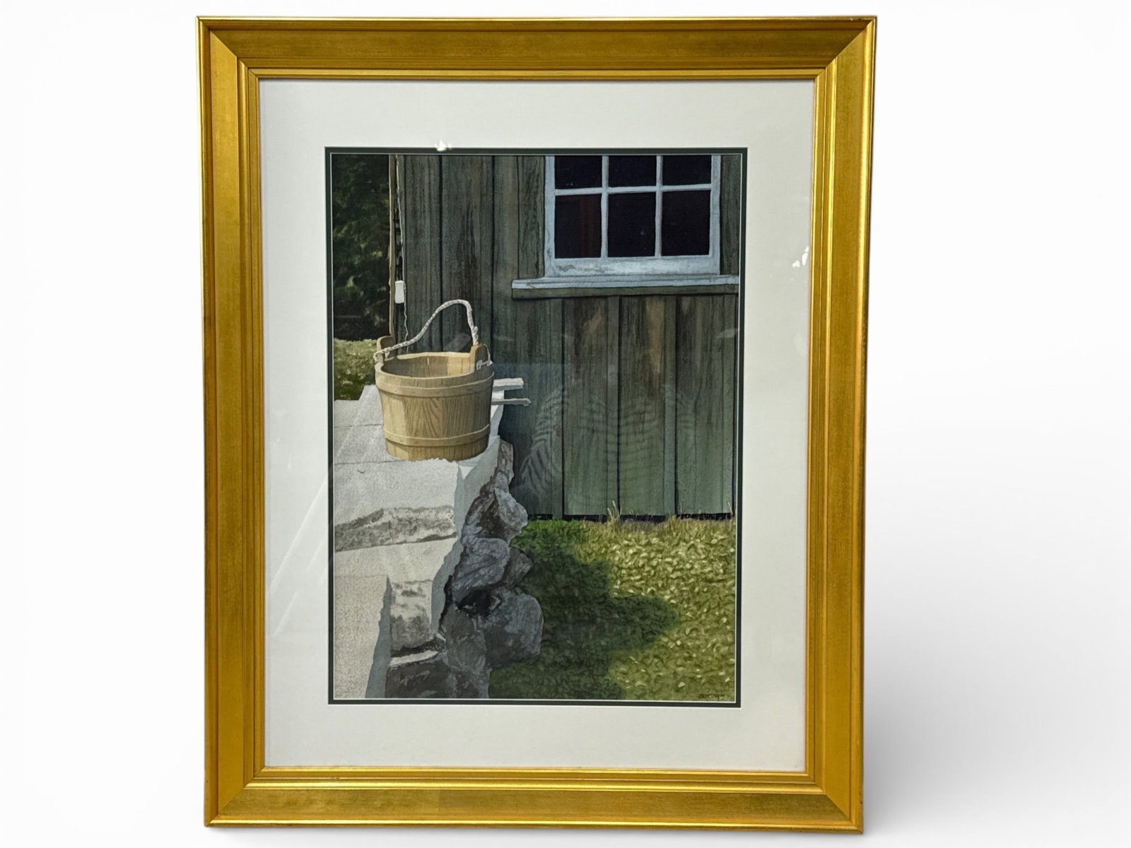 T.A. Newman Watercolor/Paper: Wooden Bucket: Thomas A. Newman (American, 20th C.). A gilt-framed watercolor on paper titled "Wooden Bucket Near Barn." Signed lower right. Mat opening: 29in x 21in. Frame: 42in x 34in. | You have additional shippi