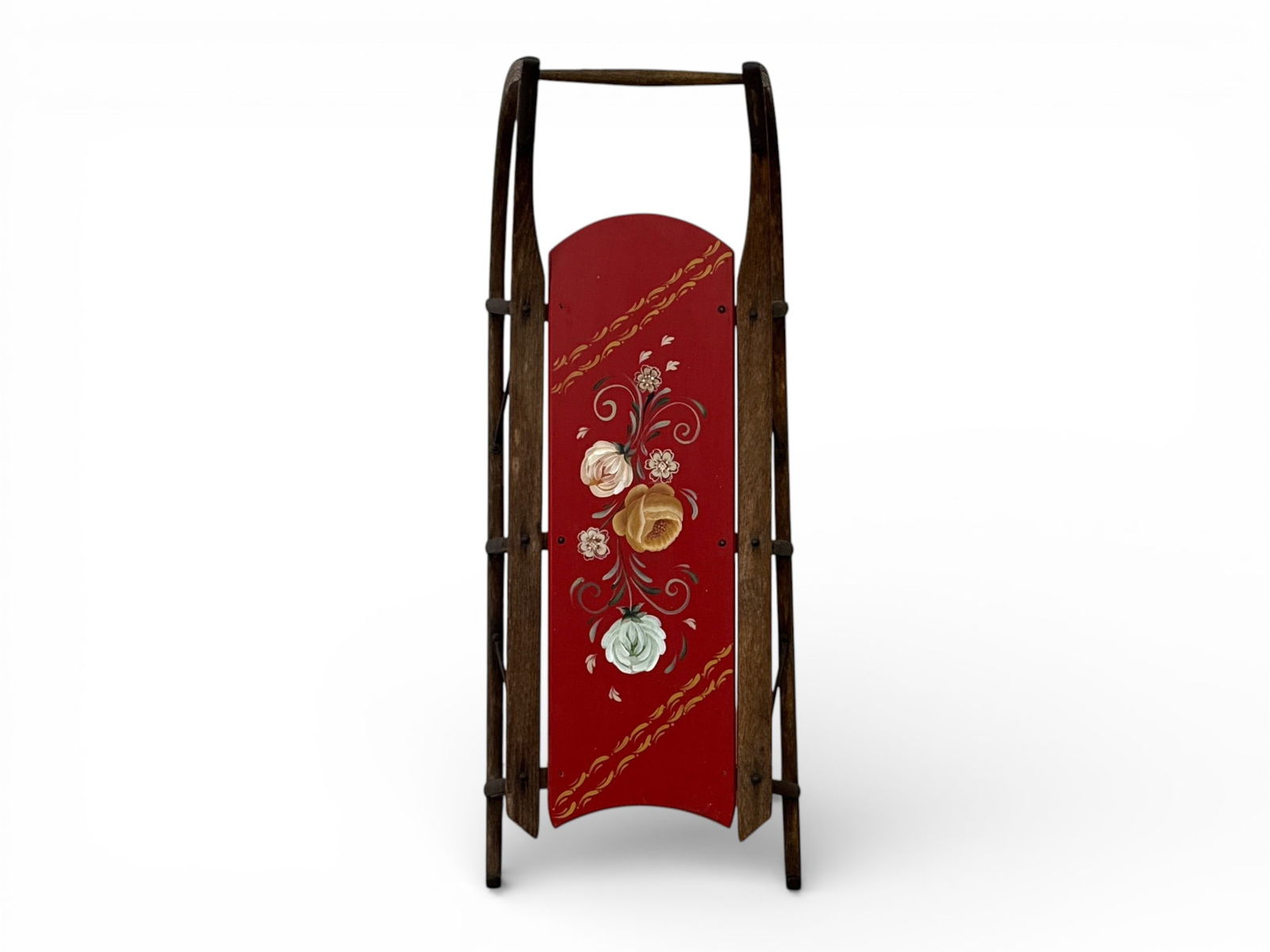 Floral-Decorated Child's Sled: A child's sled with floral paint decoration on red ground. 12in tall x 33in wide x 11in deep. | You have additional shipping options, and are not required to use Live Shipping. Additional third-party