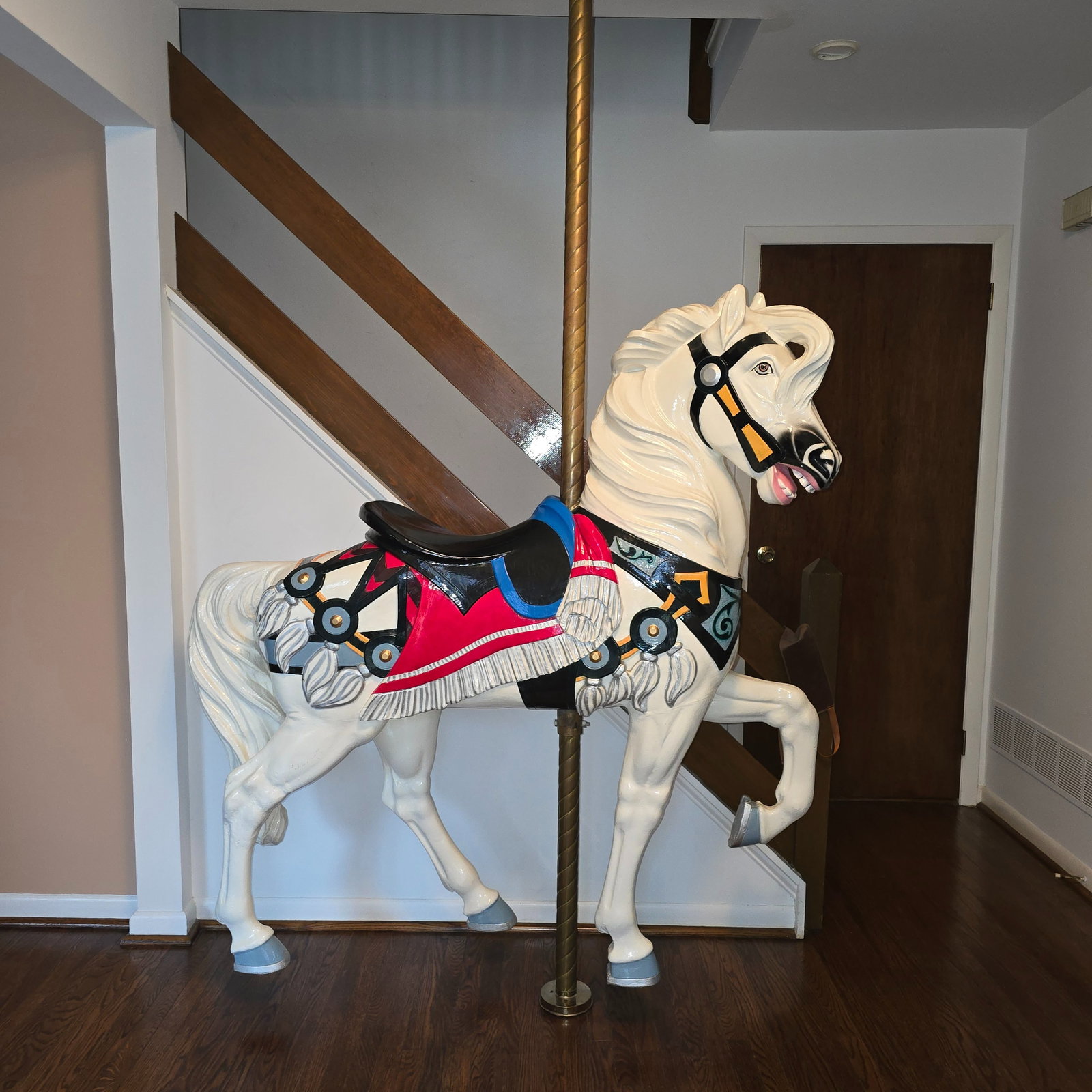 Rotocast Stander Carousel Horse: A full-size carousel stander horse attributed to Rotocast, with a detailed decoration. Composition casting. | You have additional shipping options, and are not required to use Live Shipping.