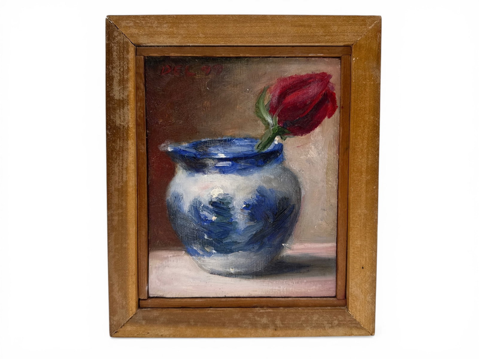 Gilt Framed Oil/Panel: Still Life: A small gilt-framed oil on panel still life of a delft porcelain pitcher with rose. Signed upper right "DEL 99". 6-1/2in x 5-1/8in. Outside frame: 8-5/8in x 7-1/4in. | You have additional shipping opt
