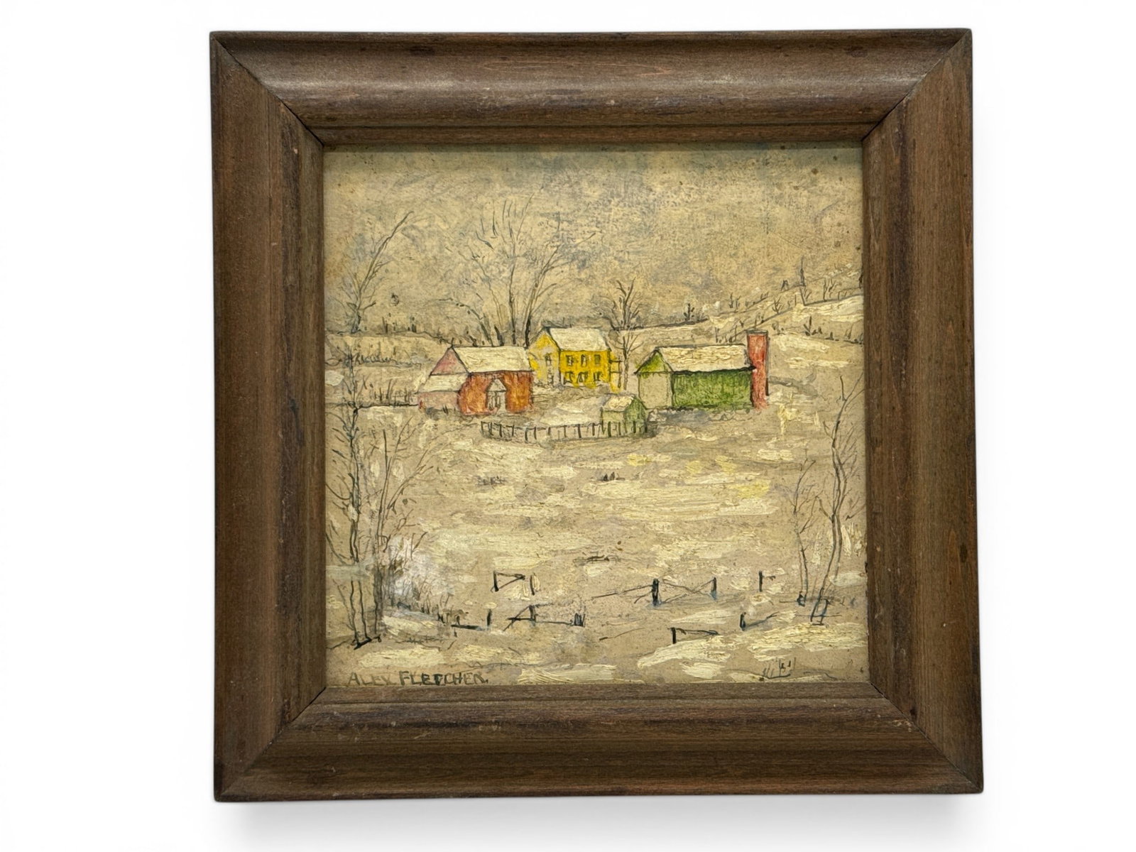 Alex Fletcher Oil/Panel: Winter Landscape: A small oil on panel of a winter landscape. Signed lower left "Alex Fletcher". Framed. Frame opening: 5in x 5in. Outside frame: 7-1/4in x 7-1/4in. | You have additional shipping options, and are not