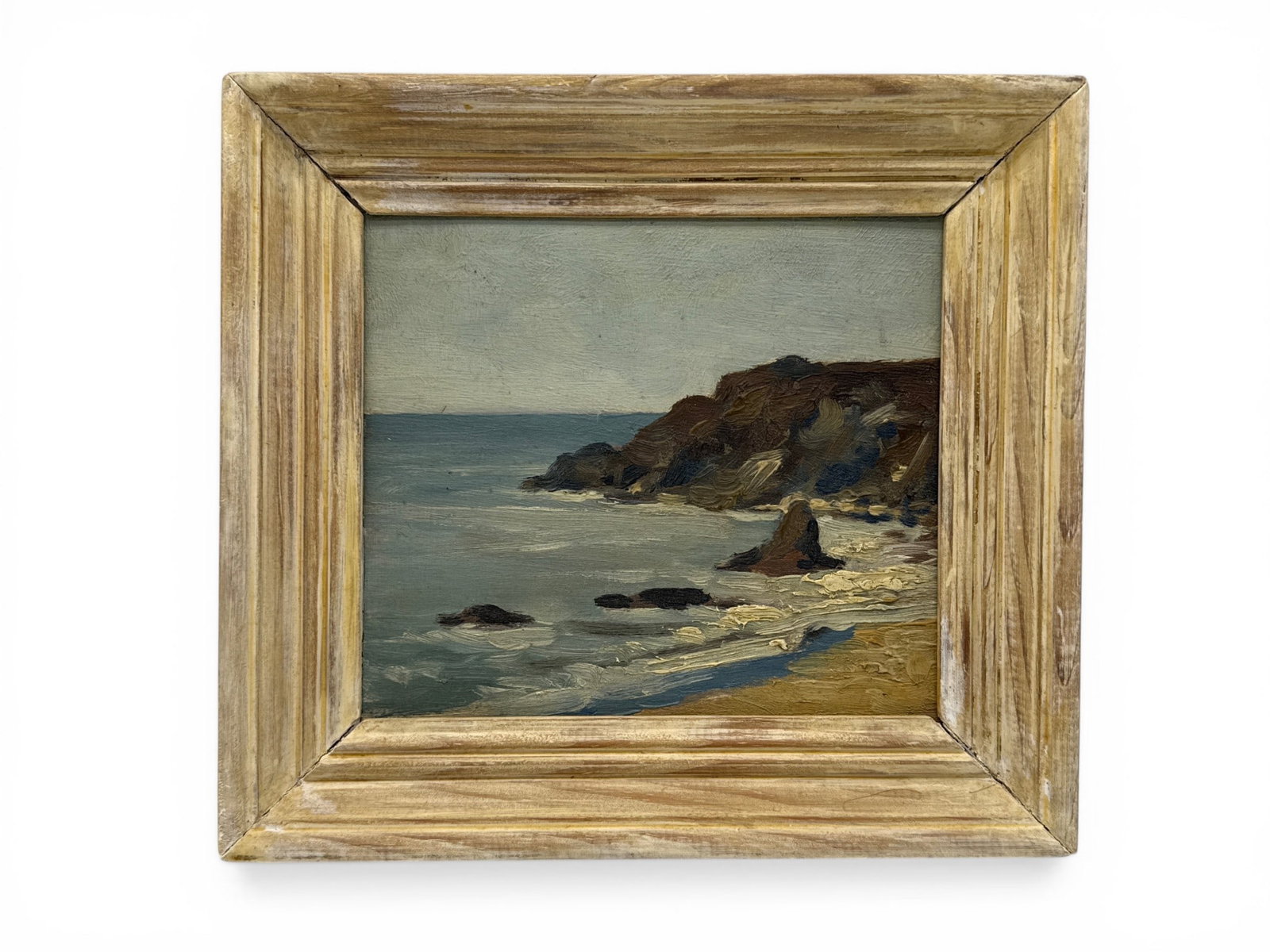 French School Oil/Panel: La Pointe du Chemoulin: A French School oil on panel landscape depicting La Pointe du Chemoulin, près de Pornichet,in Bretagne (Brittany) France. Unsigned and framed. Panel: 5-1/2in x 6-1/4in. Outside frame: 7-1/2in x