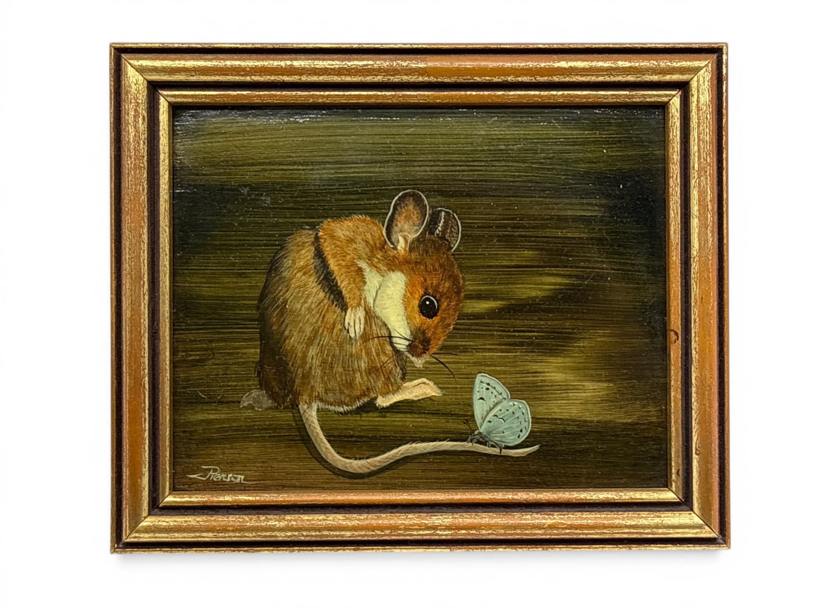 Signed Oil/Panel: Portrait of Mouse and Moth: A framed oil on panel depicting a mouse with moth, signed "Pierson" lower left. Frame opening: 3-5/8in x 4-1/2in. Outside frame: 4-3/4in x 5-3/4in. | You have additional shipping options, and are