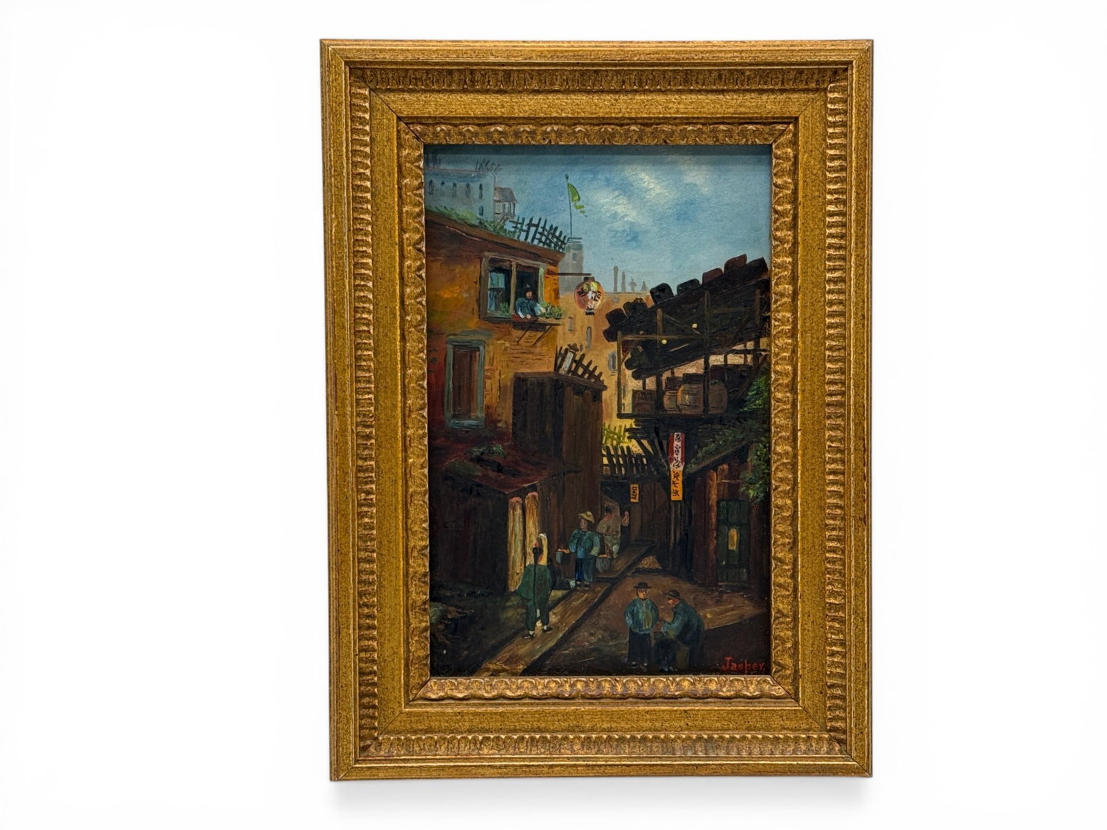 Jasper Oil/Board: Japanese Cityscene: An oil on board depicting a busy Japanese city scene. Signed "Jasper". Frame opening: 8-1/2in x 5-1/4in. Outside frame: 11-1/2in x 8-1/2in. | You have additional shipping options, and are not