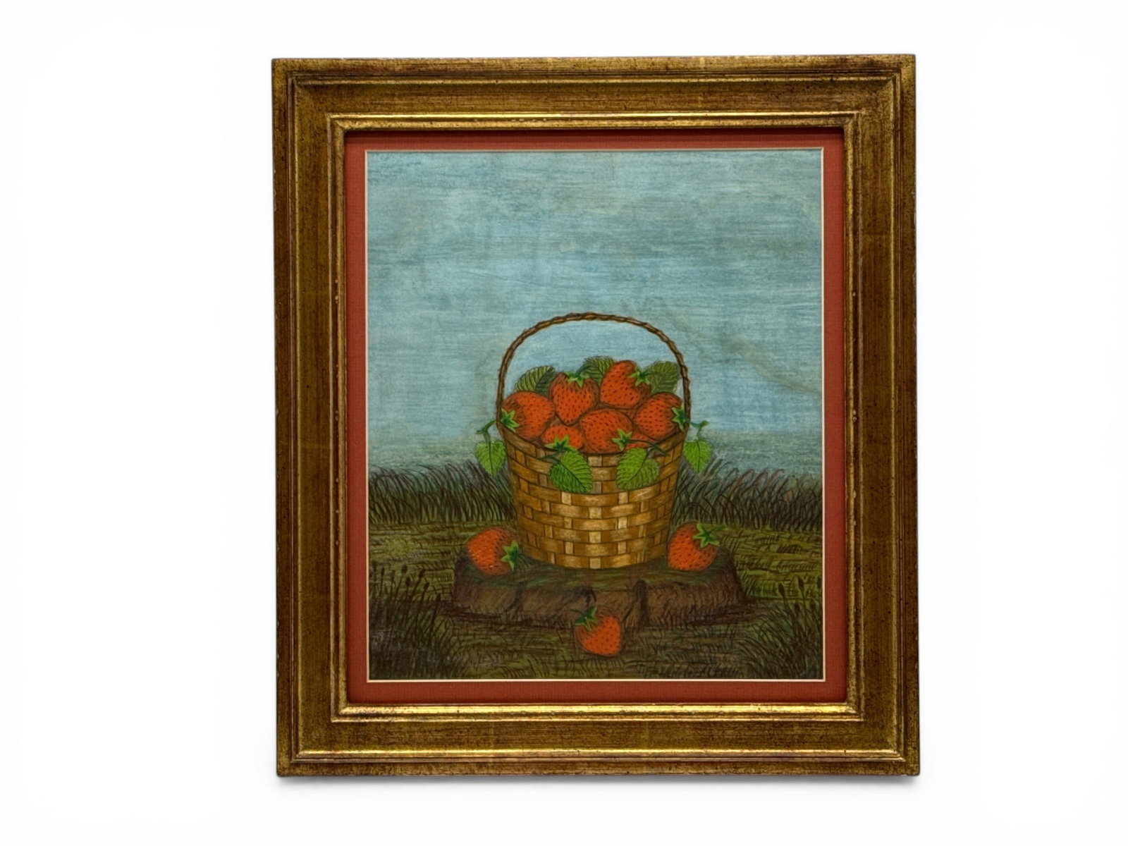 Folk Art Mixed-Media/Paper: Basket of Strawberries: A folk art mixed-media still life depicting a basket of strawberries. Unsigned. Mat opening: 11-1/4in x 9-1/2in. Outside frame: 15-1/4in x 13-1/2in. | You have additional shipping options, and are