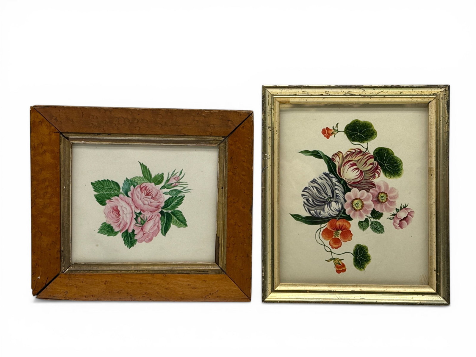 Two Early 20th C. Floral Watercolors: A pair of early 20th C. hand-painted botanical watercolors on paper. Both frames: approx. 9in x 7-3/4in. | You have additional shipping options, and are not required to use Live Shipping. Additional