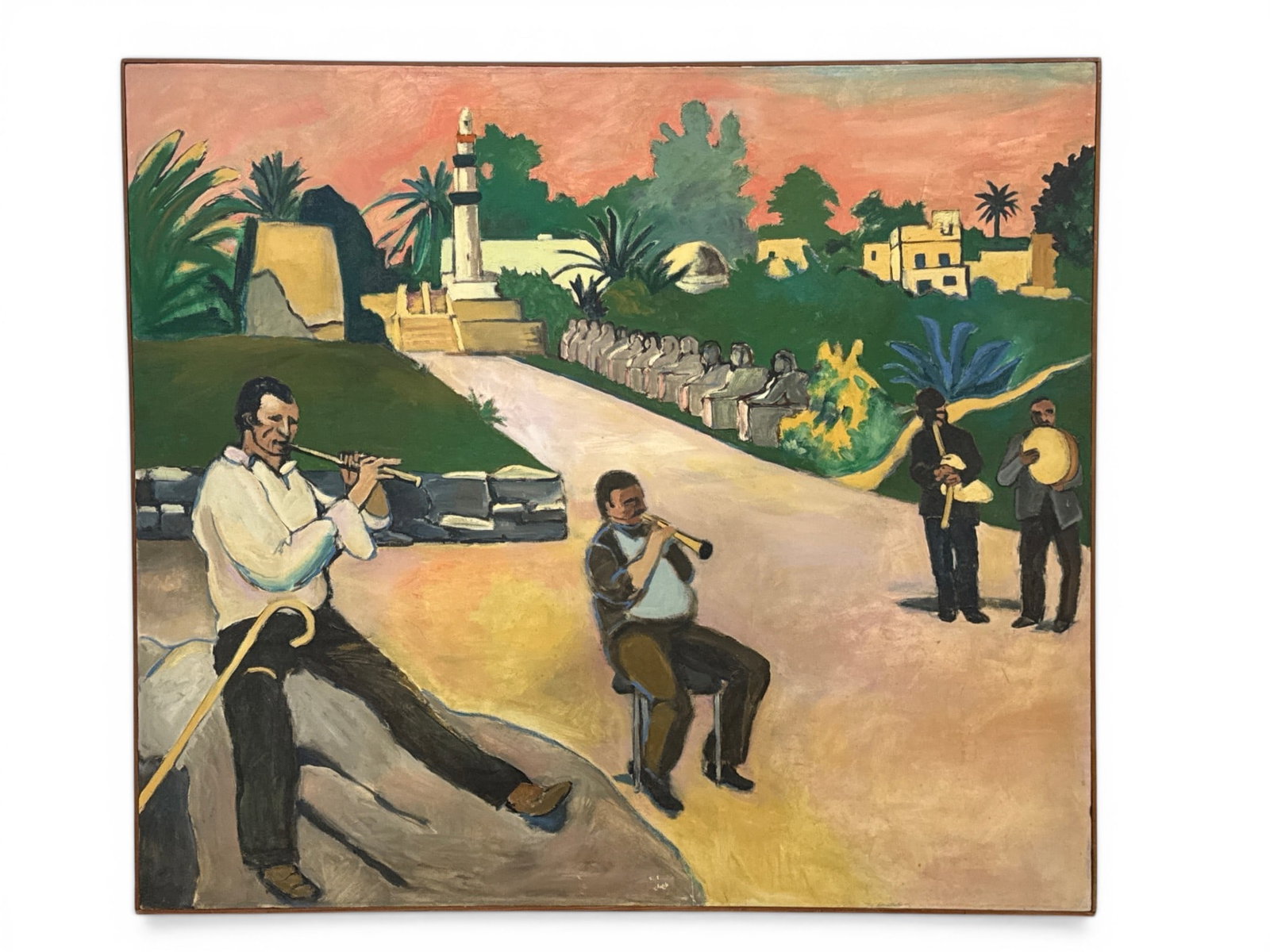 R. Daniel Evans Oil/Canvas: Greek Musicians: R. Daniel Evans (Philadelphia, 20th C). A large format oil on canvas of Greek musicians playing instruments at sunset. Signed, titled, and dated verso. Frame: 45in x 50-1/2in. | You have additional