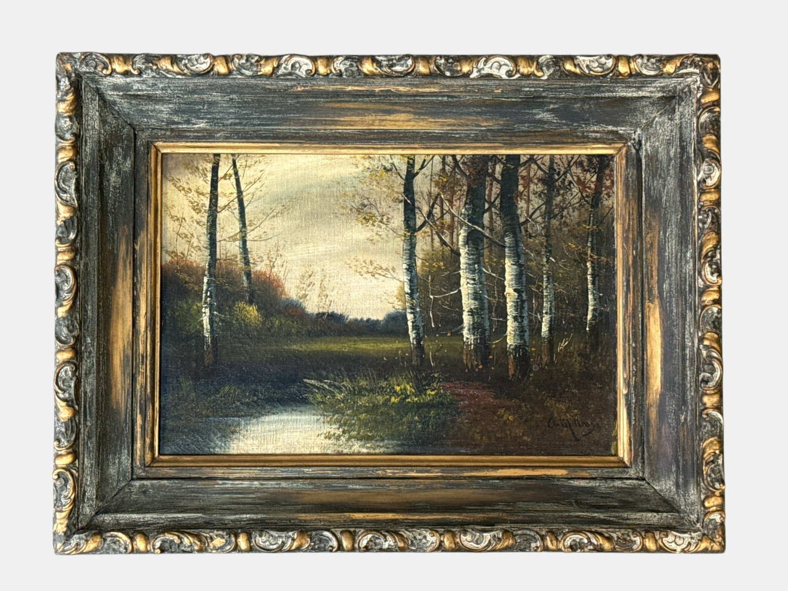 Andrew Millrose Oil/Canvas: Trees Along the Water: Andrew Millrose (British, 19th C.). An oil on canvas of a woodland landscape. Signed lower right. 18-1/2in x 24in. | You have additional shipping options, and are not required to use Live Shipping.