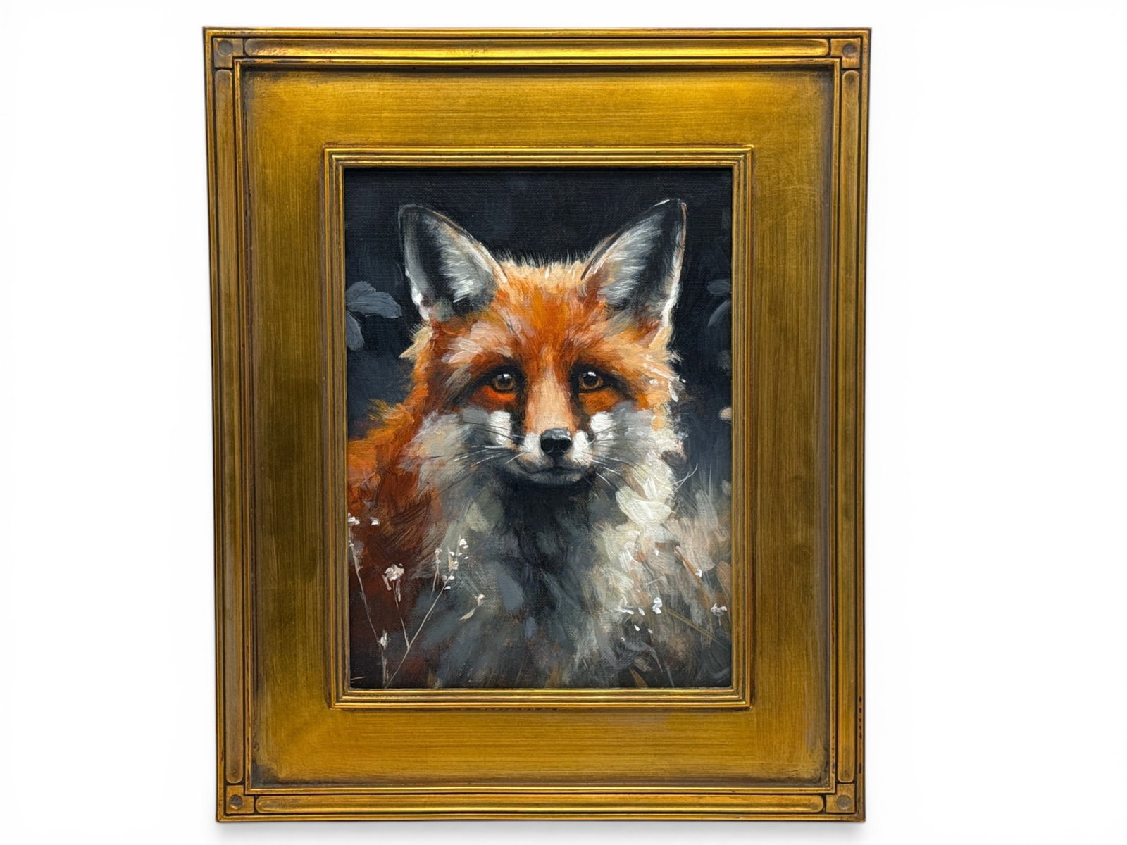 Gilt-Framed Oil/Board: Fox: A gilt-wood framed oil on board depicting a fox in the woods. Frame: 17-1/2in x 14in. | You have additional shipping options, and are not required to use Live Shipping. Additional third-party