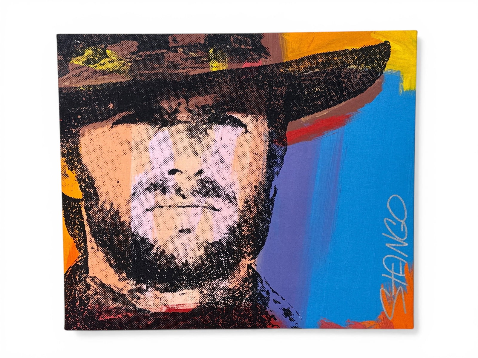 John Stango Acrylic/Canvas: Clint Eastwood: John Stango (American, b. 1958). An acrylic on canvas portrait of Clint Eastwood Signed "Stango" lower right and signed verso. 24-1/2in x 29in. | You have additional shipping options, and are not