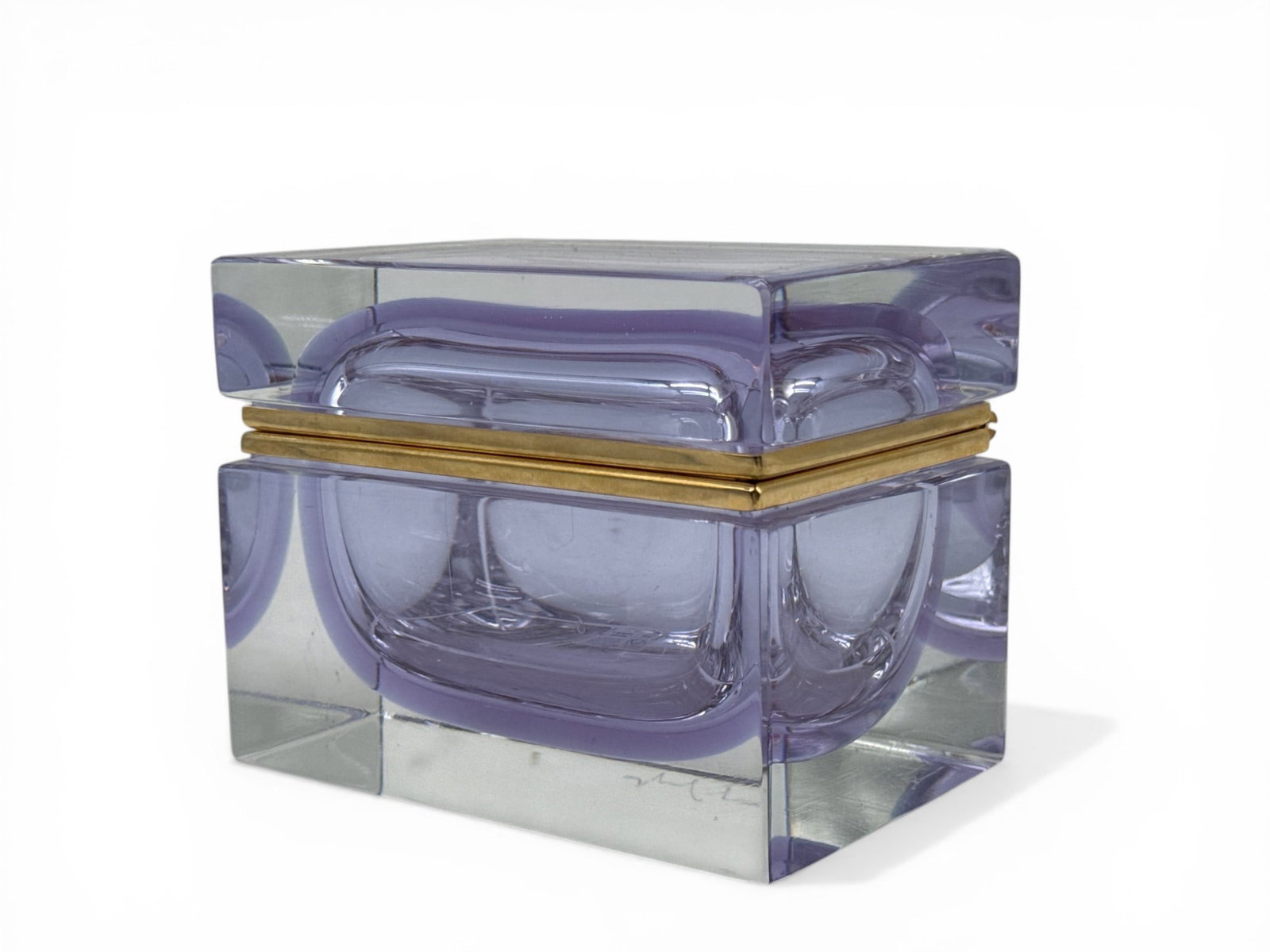 Murano Hand-Blown Alexandrite Casket Box: A Murano glass casket box in alexandrite with brass fittings. Signed and with original Murano sticker. 4-1/4in tall x 5-1/4in wide. | You have additional shipping options, and are not required to use