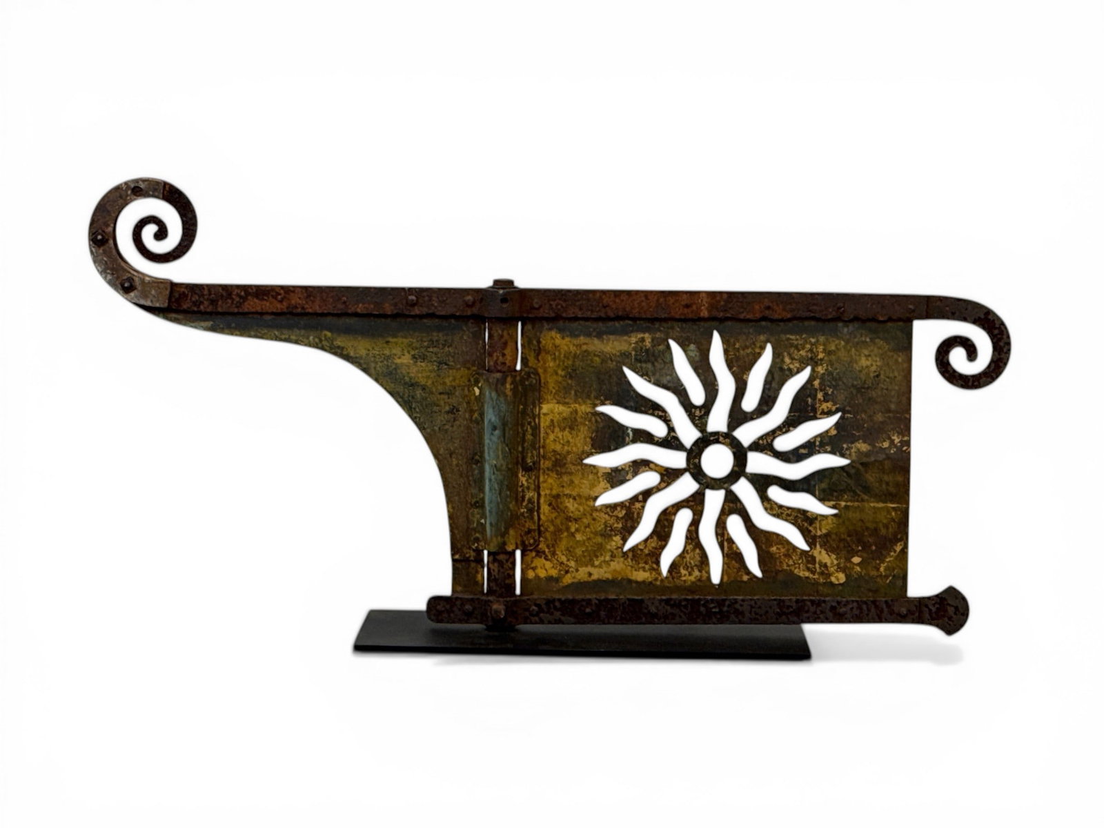 Banner Weathervane: A banner weathervane with a sunburst cut-out design and scrolled ends. On a display stand. 16-1/2in tall x 33in wide. | You have additional shipping options, and are not required to use Live Shipping.