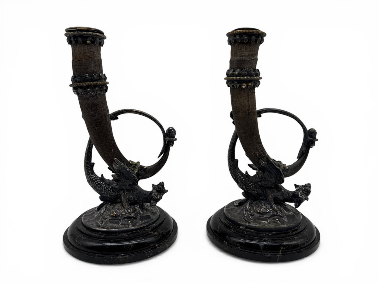 Pr. Early 20th C. Silver Horn-Form Dragon Candlesticks (1 of 7)