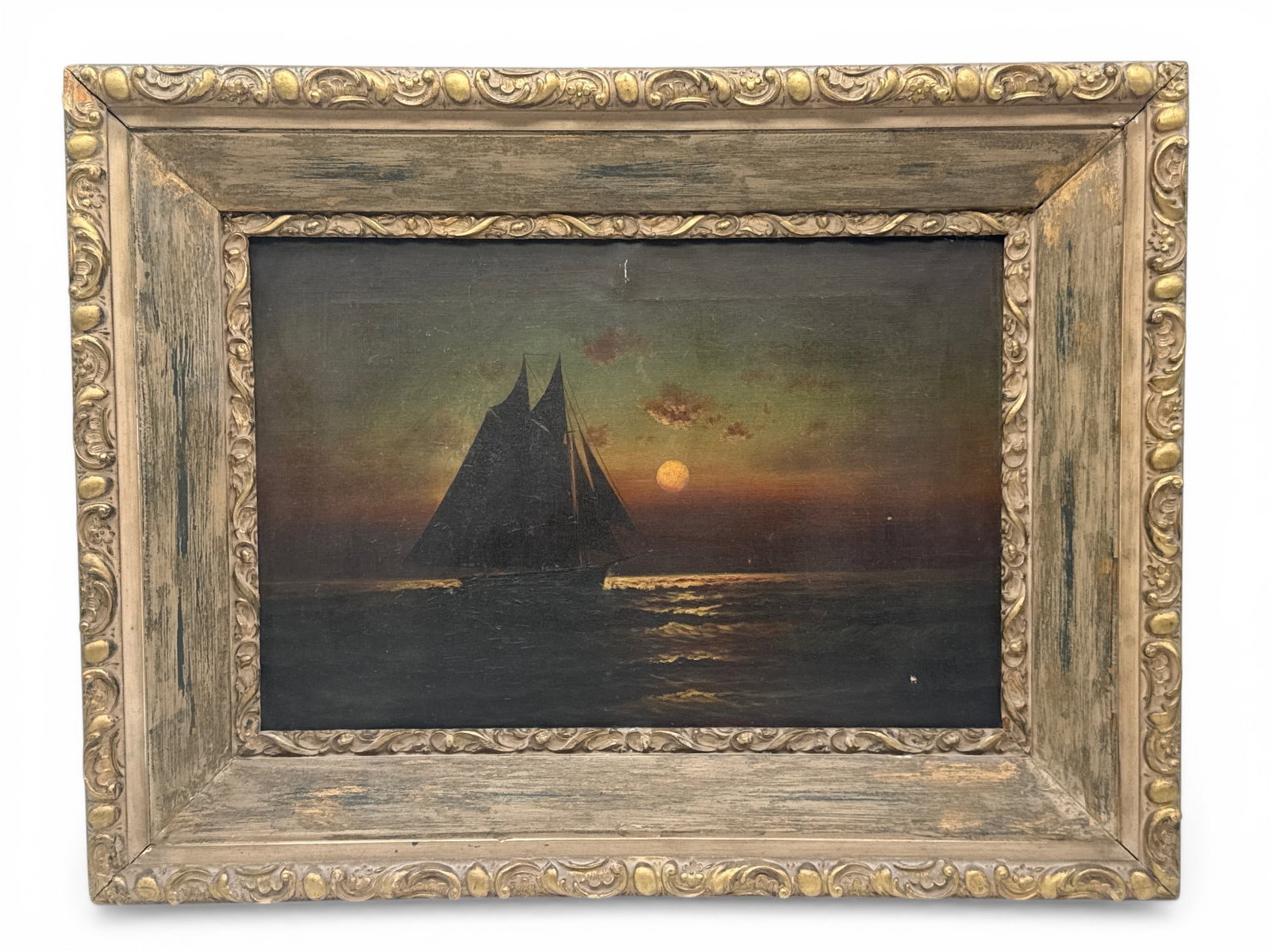 G. Moran Oil/Board: Sailing in Moonlight: G. Moran (American, 19th/20th C). An oil on board of a sailboat in the moonlight. Signed lower right. Board: 12in x 17in. Frame: 19in x 25in. | You have additional shipping options, and are not requir