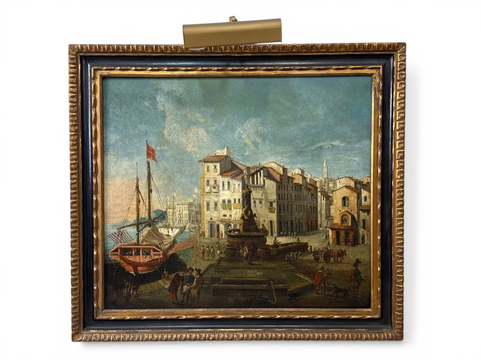 Venetian School Oil/Canvas: Grand Canal: A Venetian School capriccio oil on canvas landscape depicting a grand canal harbor scene. Unsigned. Canvas: 26in x 29in. Frame: 32in x 36in. | You have additional shipping options, and are not require