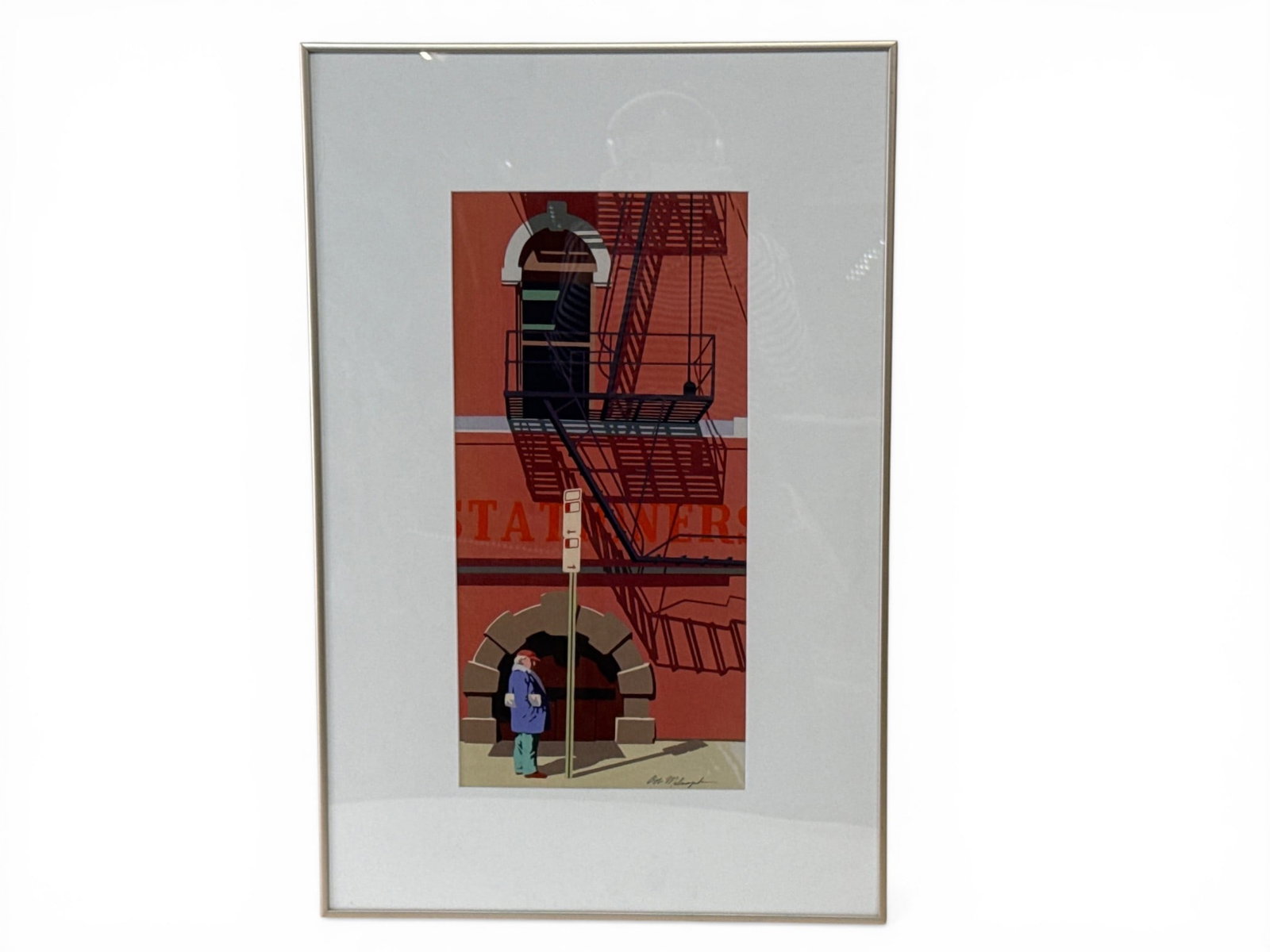 Robert Milnazik Gouache/Canvas: Philadelphia: Robert Milnazik (American, 1930-2012). A gouache on canvas depicting a Philadelphia street scene. Signed lower right. Mat opening: 19-1/4in x 9-1/4in. Frame: 29in x 19in. | You have additional shippin
