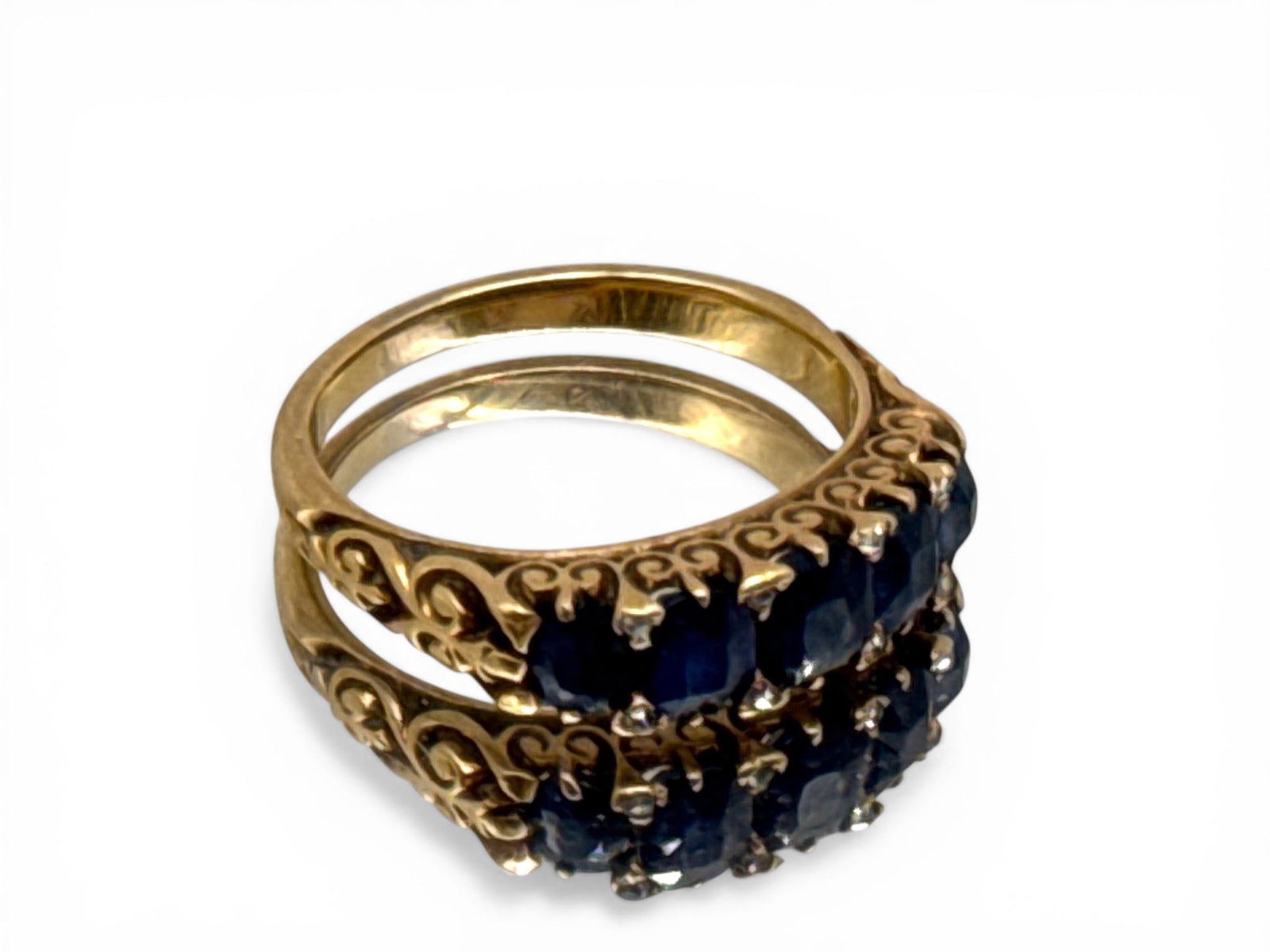 18K Victorian Sapphire and Diamond Ring: An 18K yellow gold Victorian-era ring set with five sapphires and eight diamonds. Ring size 6-1/2. 2.63 dwt. | You have additional shipping options, and are not required to use Live Shipping. Addition