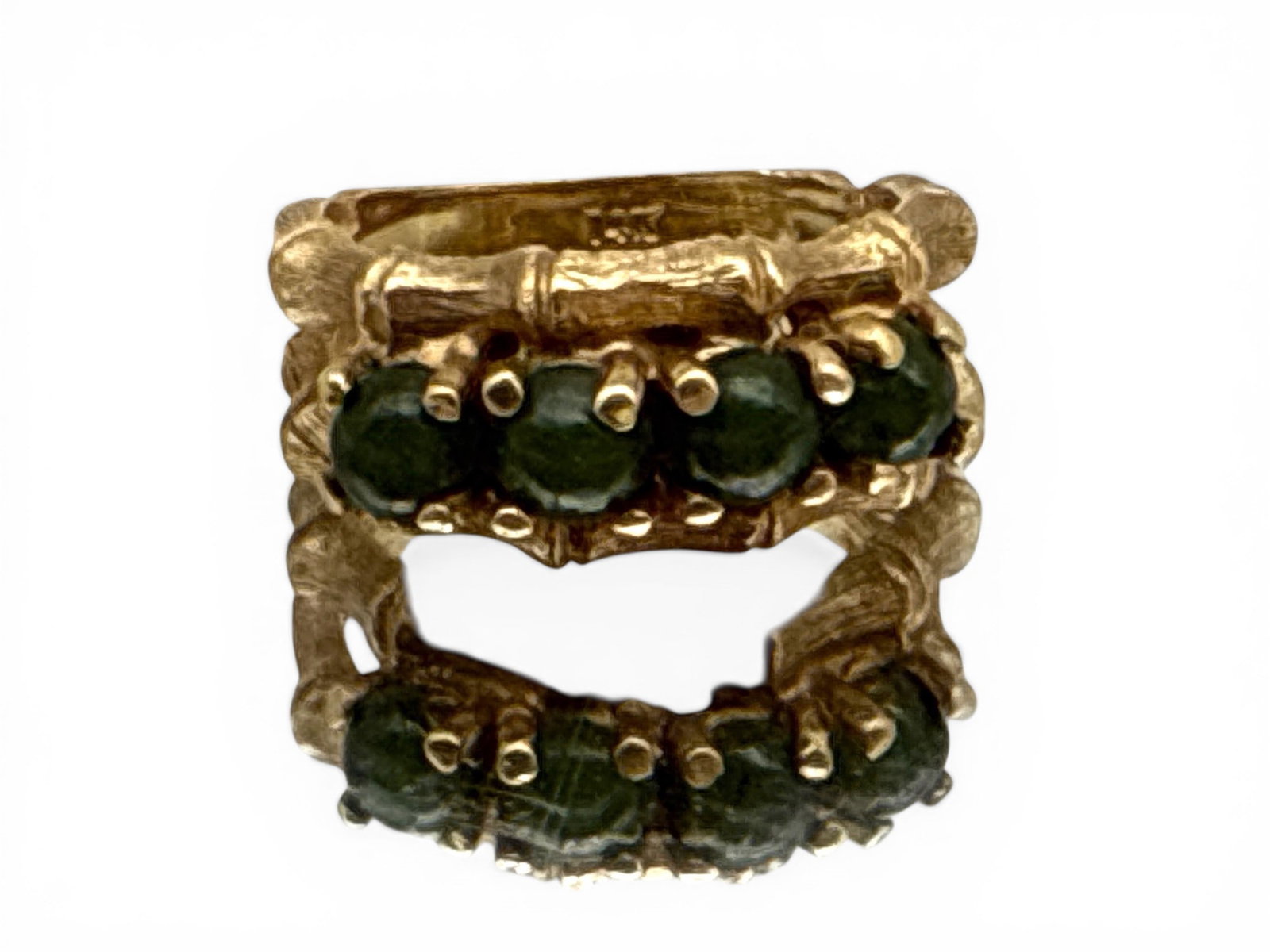 14K Bamboo Ring with Jade Cabochons: A 14K yellow gold double-band ring of bamboo form with four jade stone cabochons. Marked 14K. Ring size 6. 3.4 dwt. | You have additional shipping options, and are not required to use Live Shipping. A