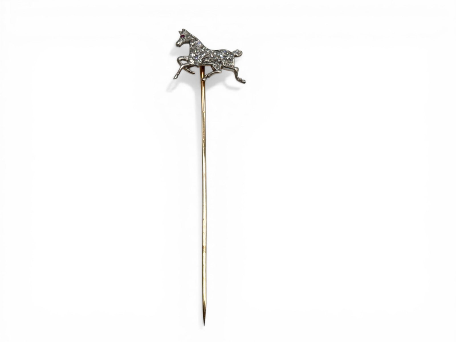 18K Diamond Encrusted Equestrian Stick Pin: An 18K yellow gold stick pin with platinum washed horse figure encrusted with diamonds and pink sapphire eye. 3in long. 1.54 dwt. | You have additional shipping options, and are not required to use Li