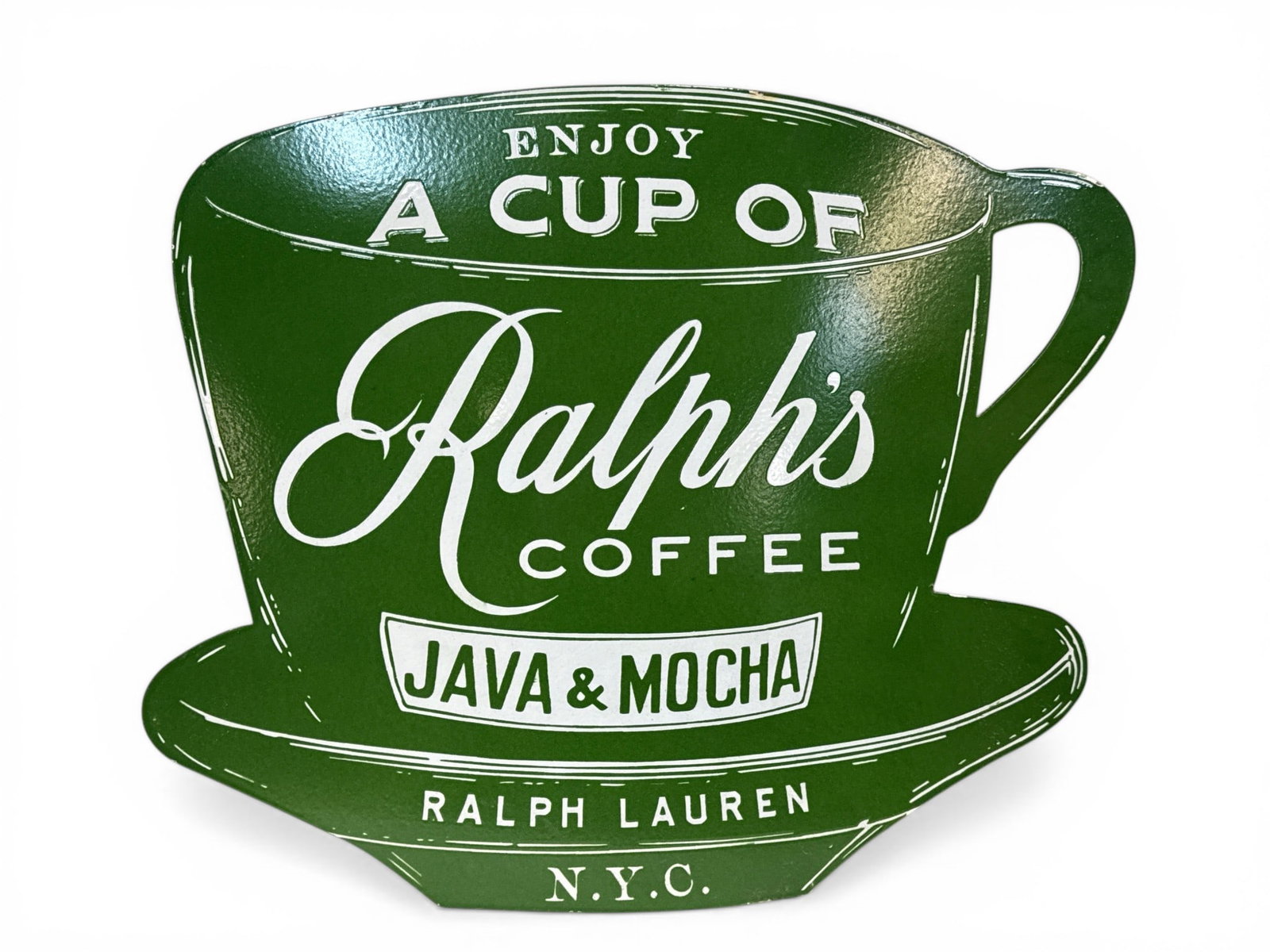 Contemporary Ralphs Coffee Porcelain Sign: A contemporary porcelain enameled metal advertising sign for "Ralph's Coffee" in the form of a coffee cup. 23in tall x 25in wide. | You have additional shipping options, and are not required to use Li