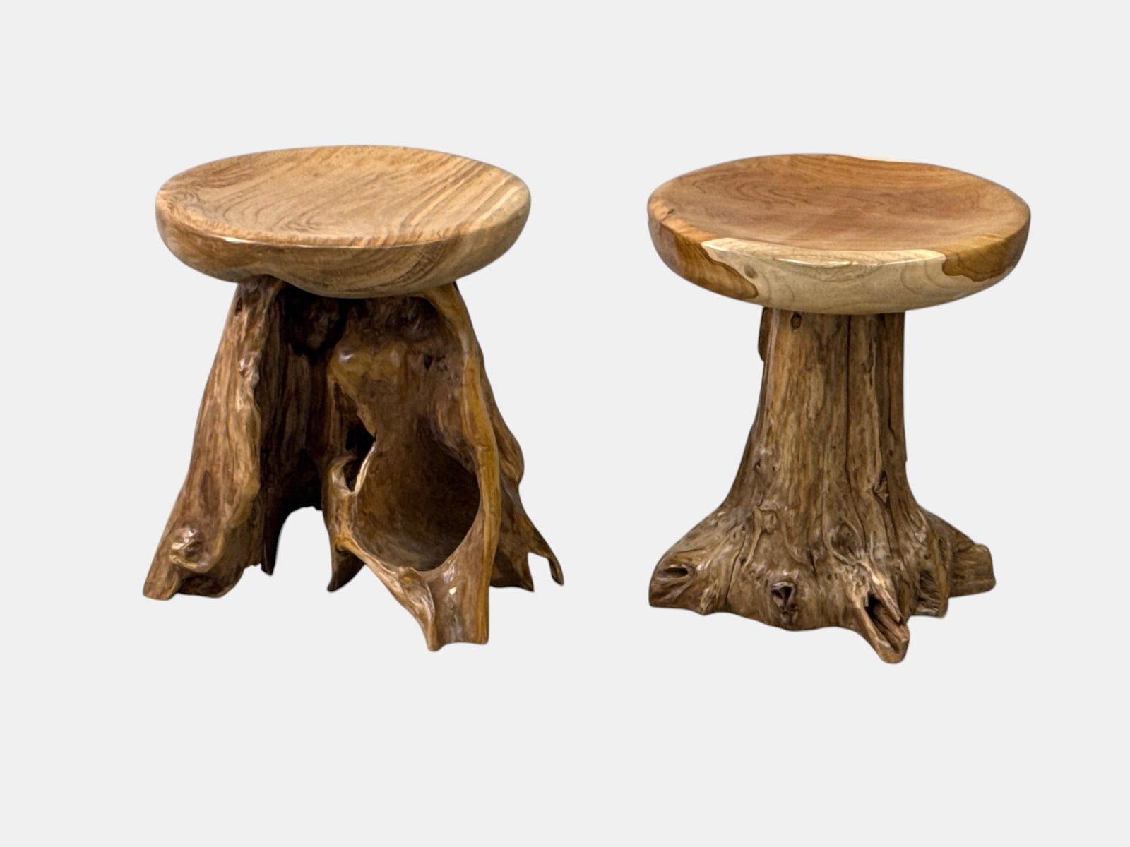 Pair of Free Edge Root Form Stools: A pair of studio craft free edge root form stools with shaped seats. Both approx. 17-1/2in tall x 16in diameter. | You have additional shipping options, and are not required to use Live Shipping. Addi