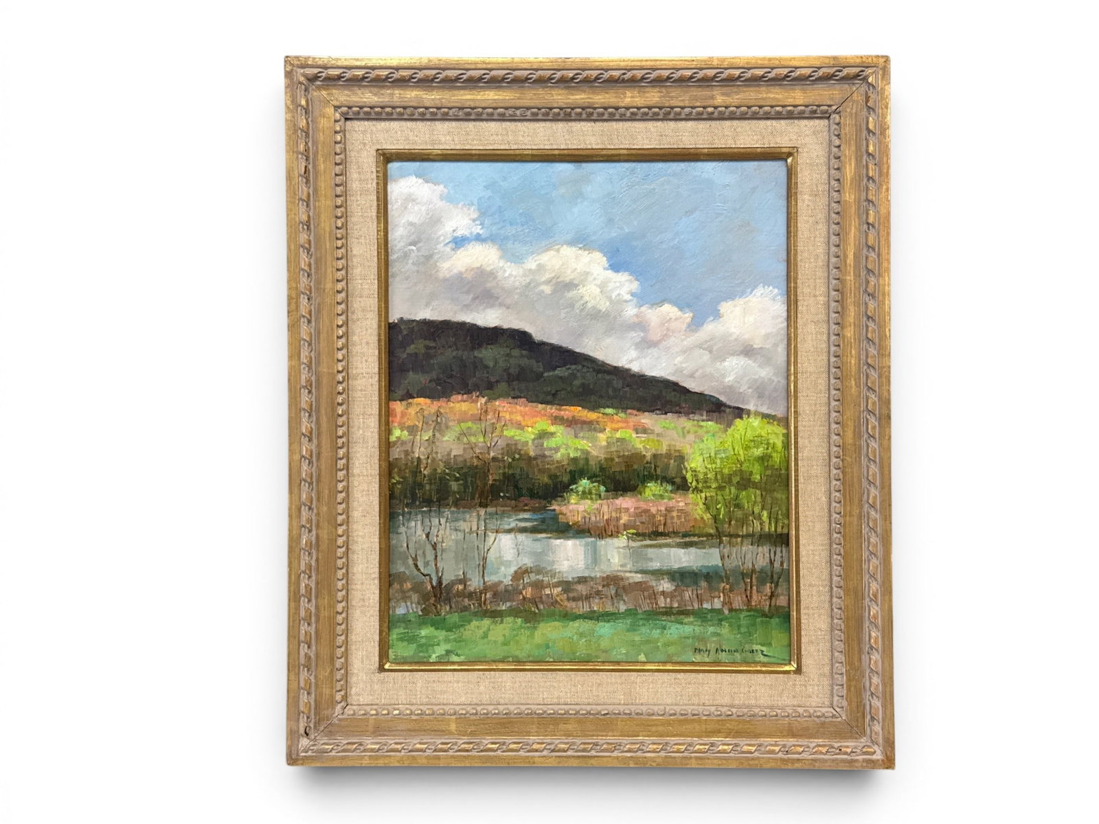 Mary Anna Goetz Oil/Canvas: Catskills Landscape: Mary Anna Goetz (American, 1948-). An oil on canvas impressionist landscape titled "Spring View of the Catskills". Signed lower right; gilt framed. James Cox and Newman Galleries tags verso. Provance: