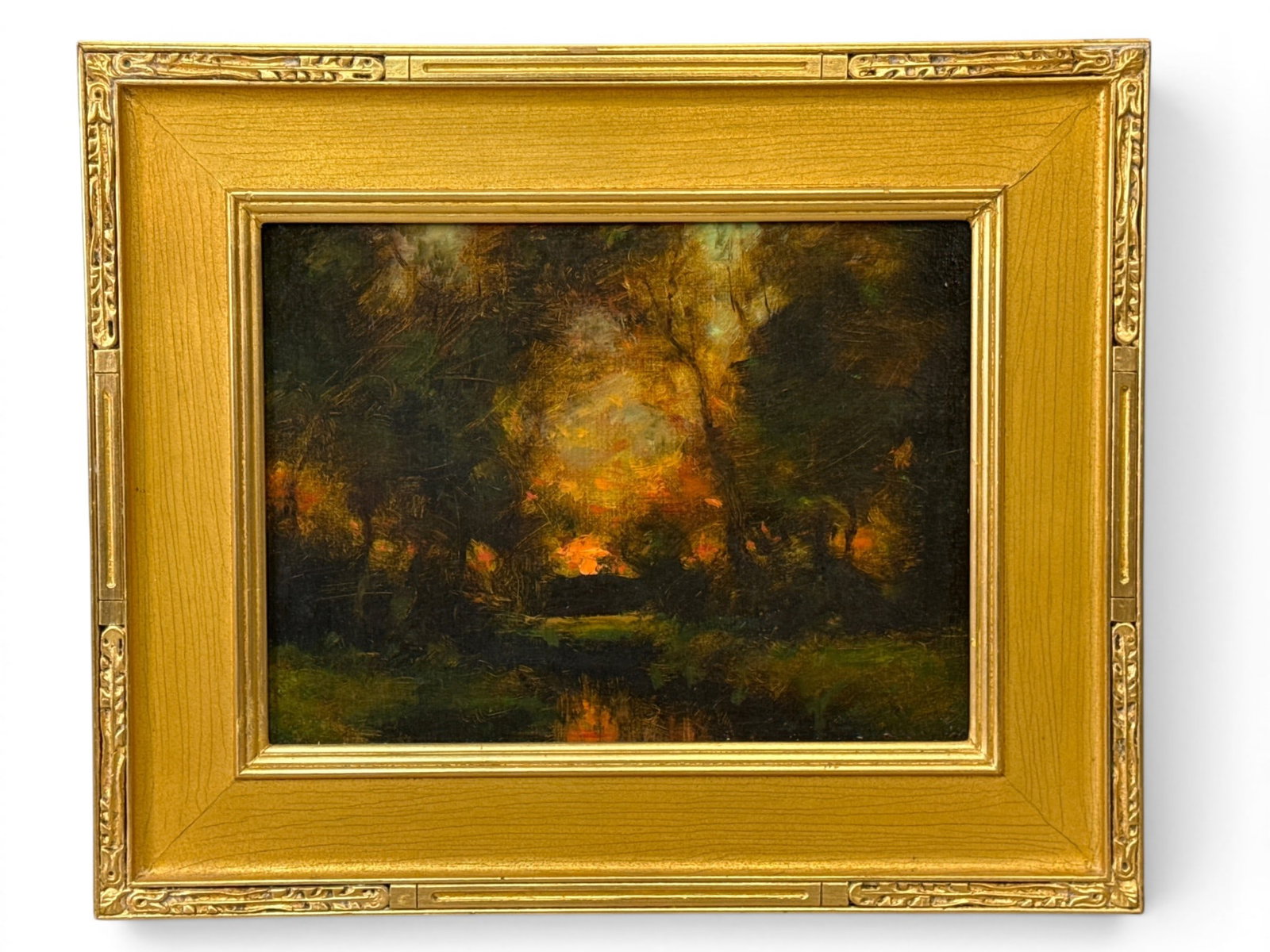 Dennis Sheehan Oil/Canvas: Red Sky at Night: Dennis Sheehan (American, b. 1959). A gilt-framed oil on canvas landscape titled "Red Sky at Night" verso. Frame: 19in x 23in. Canvas: 12in x 16in. | You have additional shipping options, and are not 