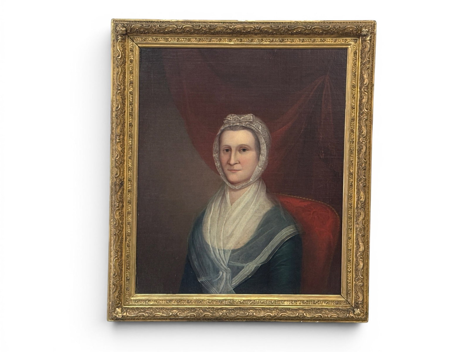 18th C. Oil/Canvas: Portrait of a Woman: An 18th C. oil on canvas portrait of a woman. Unsigned and gilt framed. Old tag verso that appears to attribute the work to either Francis Hopkinson or Charles Peale. Provance: From a Main Line, PA pr