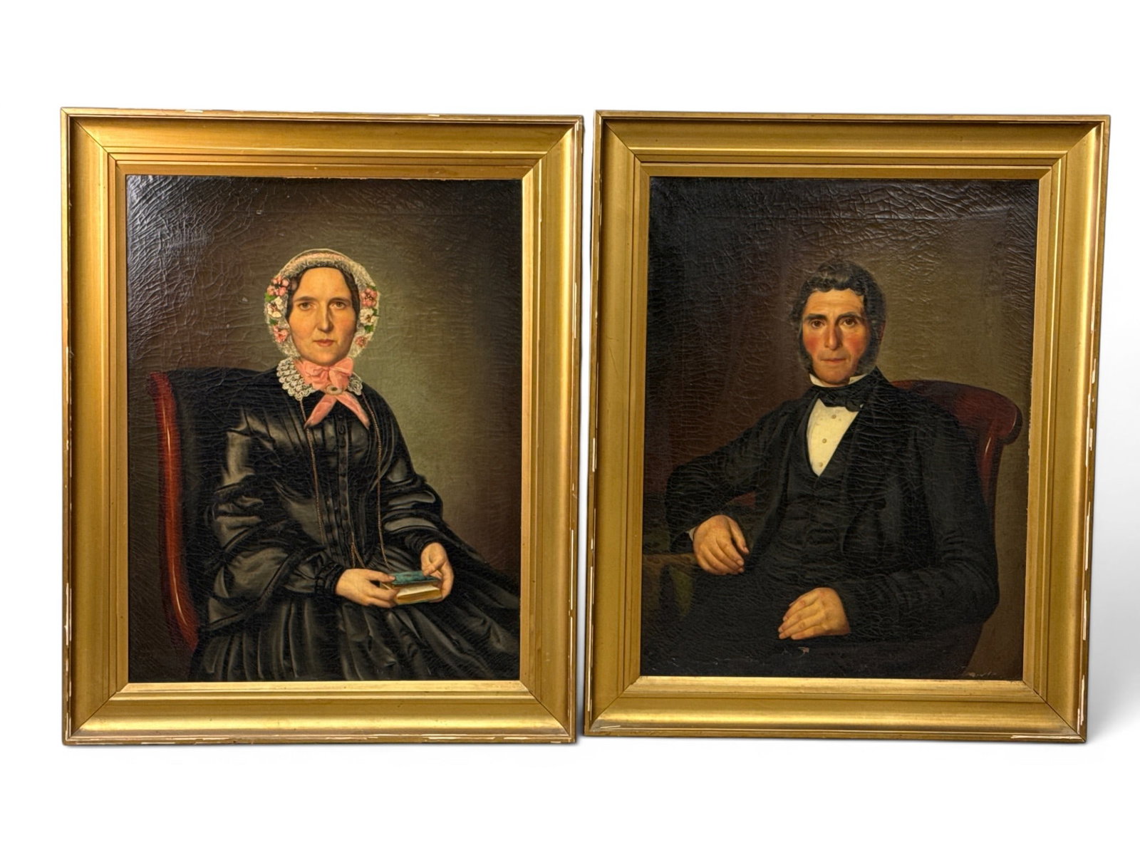 Phillip Hoyoll Oil/Canvas: Portraits of a Man and Woman: Phillip Hoyoll (Polish, 1816-1875). A pair of oil on canvas portraits of a man and a woman, each signed and dated. Gilt framed. Each canvas: 36in x 28in. Outside frame: 44in x 35-1/2in. | You have add